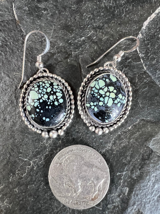 Native American Handmade by Dustin Calvin. Sterling & New Lander Variscite Dangle Earrings 1.7” long