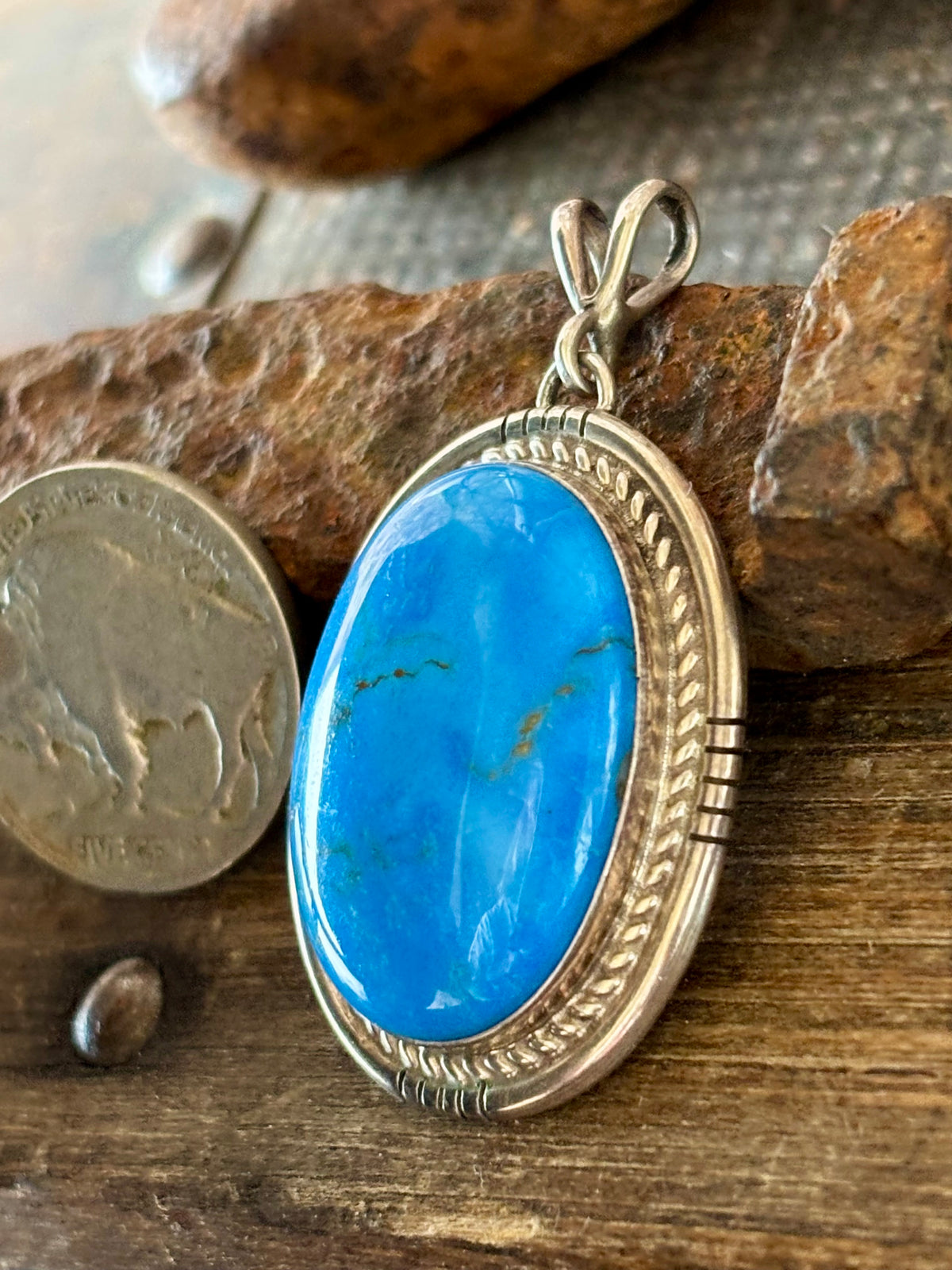 Native Handmade by Eddie Secatero- RARE! Ceruleite & Sterling Silver Pendant