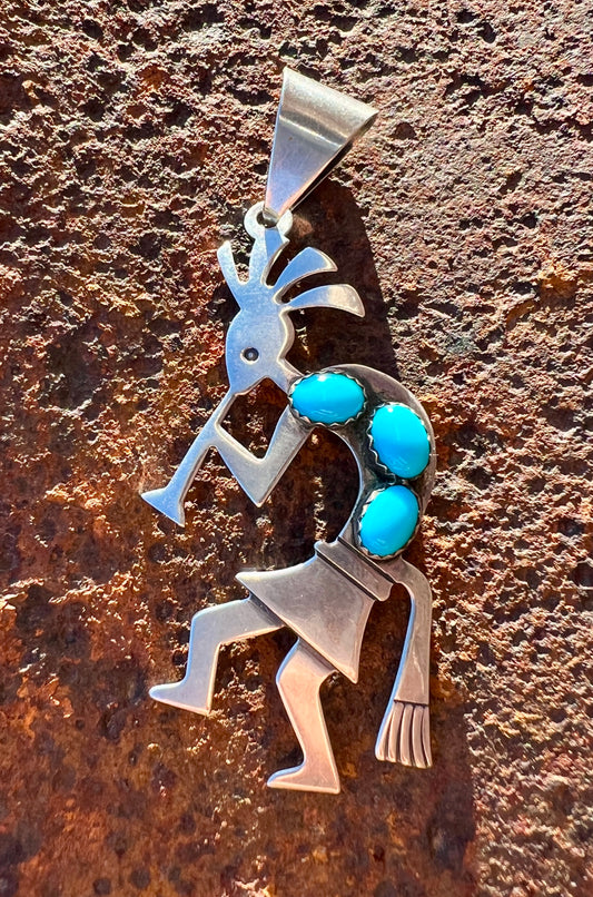 Navajo Handmade by Ella Peter. Sterling Silver & Sleeping Beauty Turquoise 3-stone Kokopelli Pendant 2 3/4"