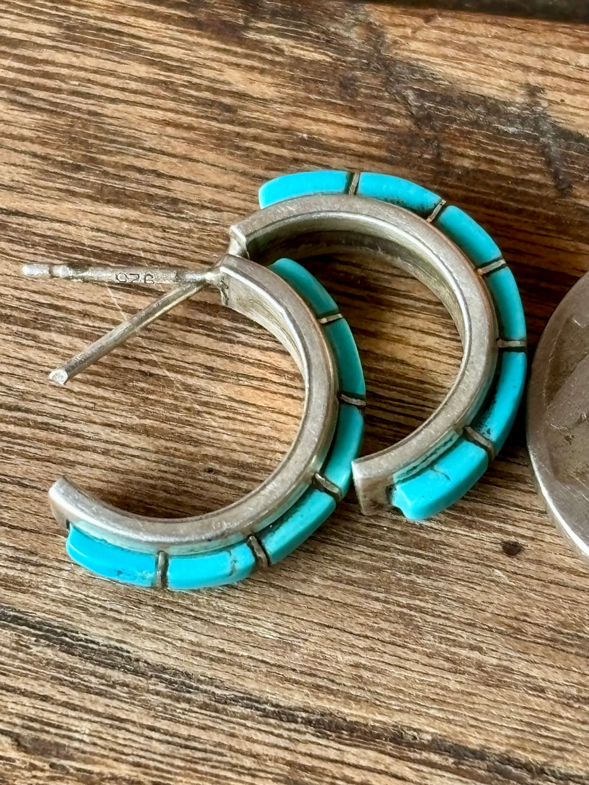 Vintage Native Handmade Sterling & Turquoise Inlay Hoop Post Earrings