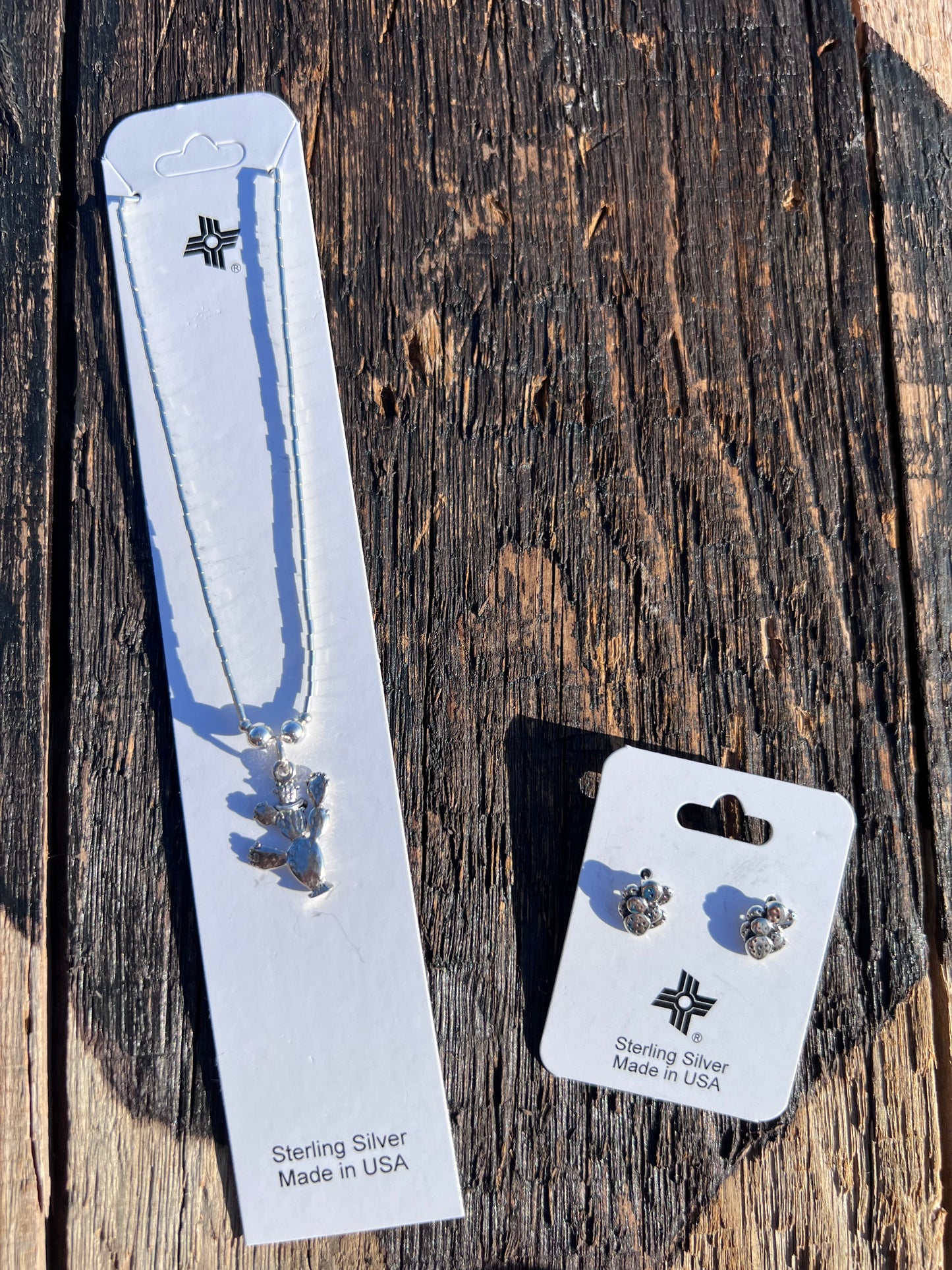 Sterling Liquid Silver Cactus Necklace 16” & Post Earrings 1/2” Set