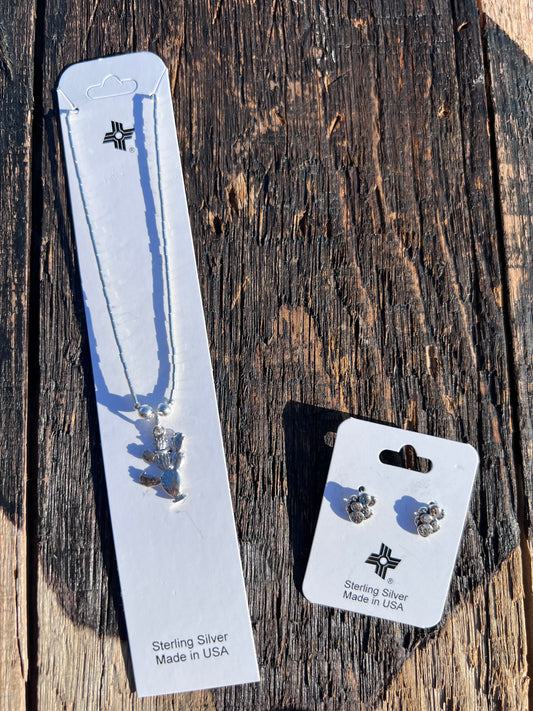 Sterling Liquid Silver Cactus Necklace 16” & Post Earrings 1/2” Set