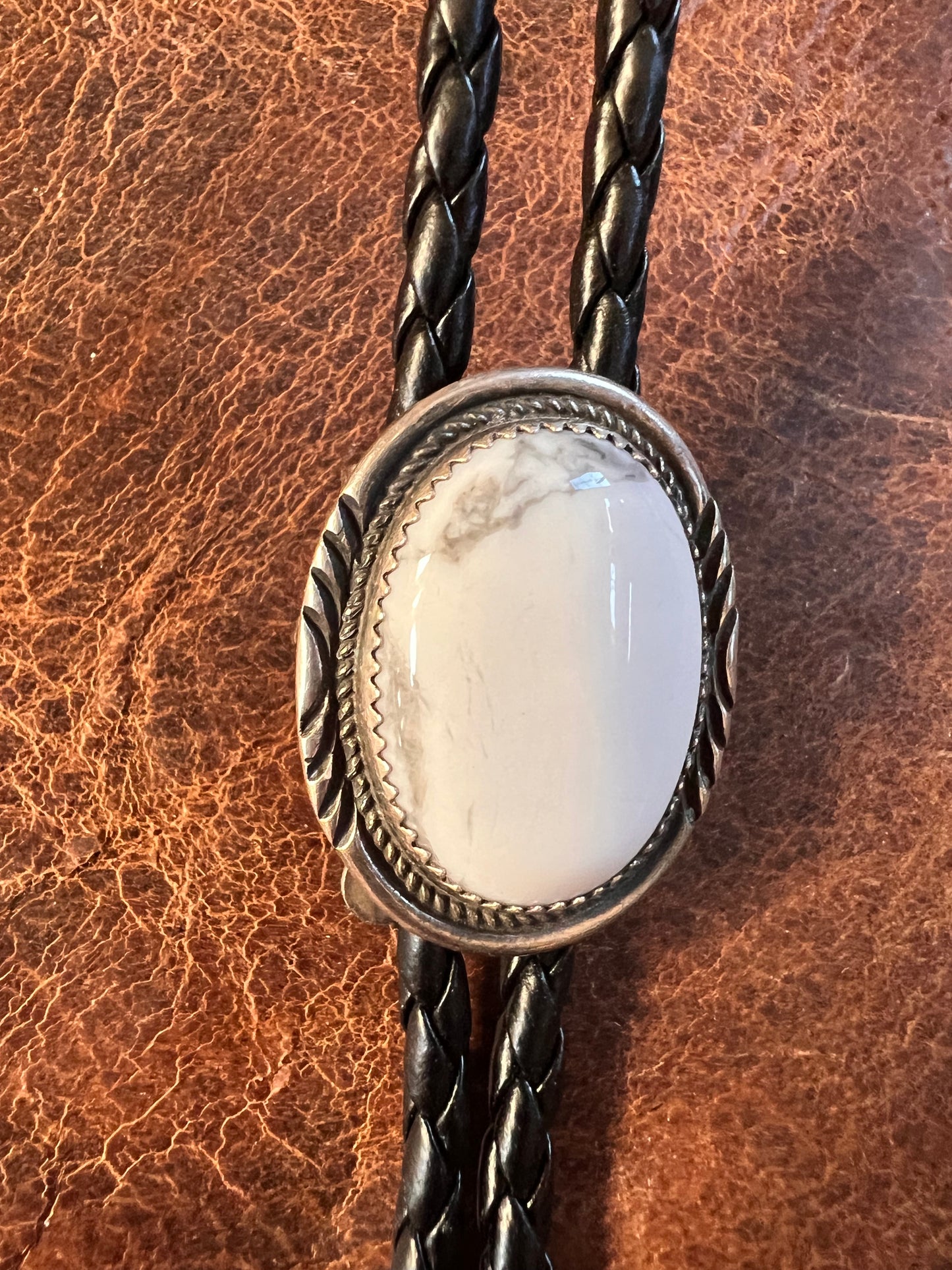 Handmade White Buffalo and Sterling with Black Braided Leather Bolo Necklace with Sterling Tips