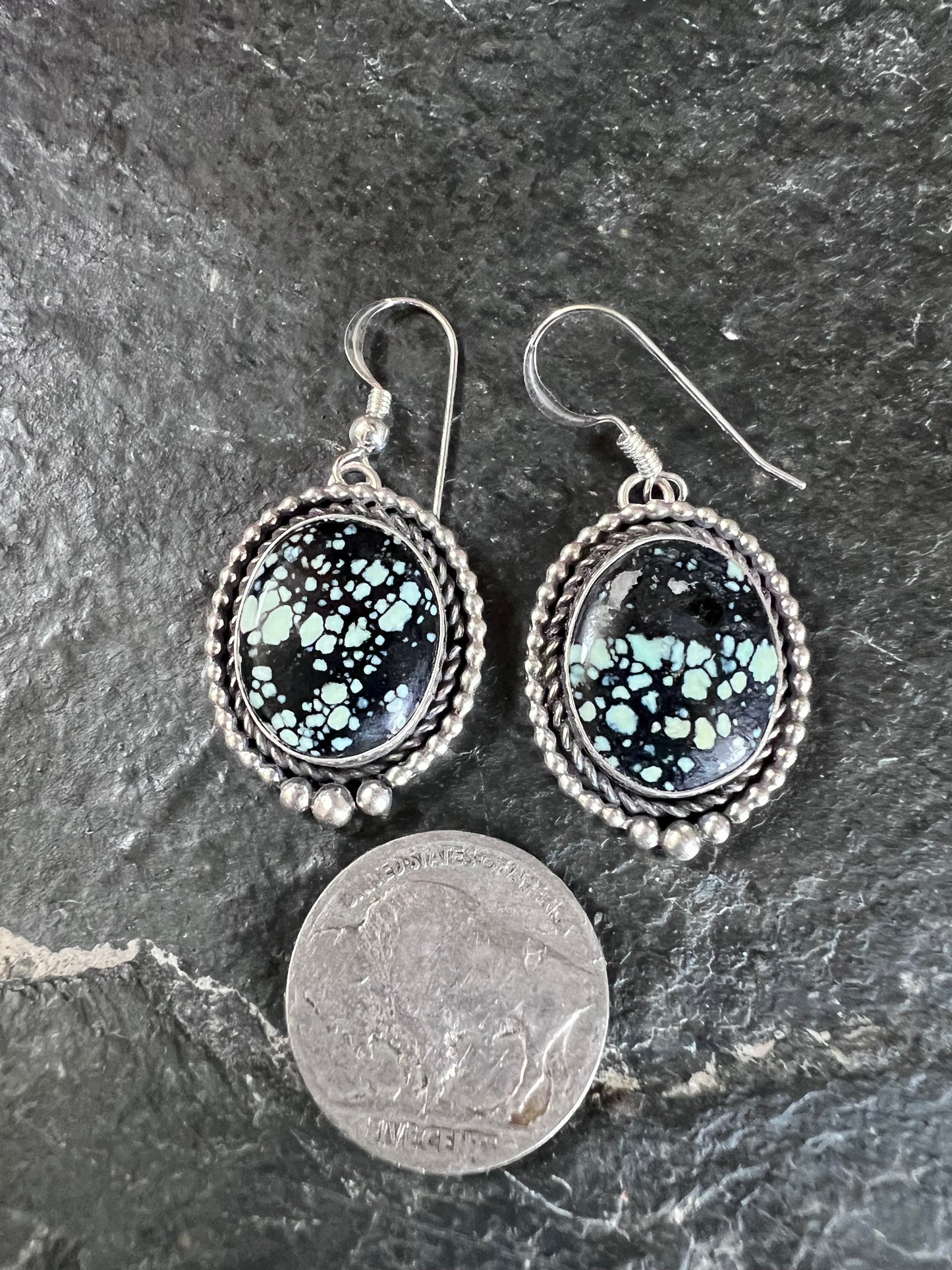 Native American Handmade by Dustin Calvin. Sterling & New Lander Variscite Dangle Earrings 1.7” long