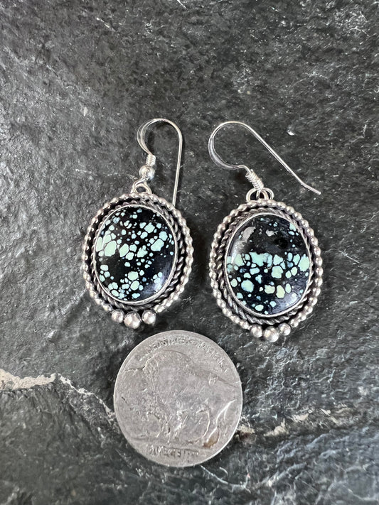 Native American Handmade by Dustin Calvin. Sterling & New Lander Variscite Dangle Earrings 1.7” long