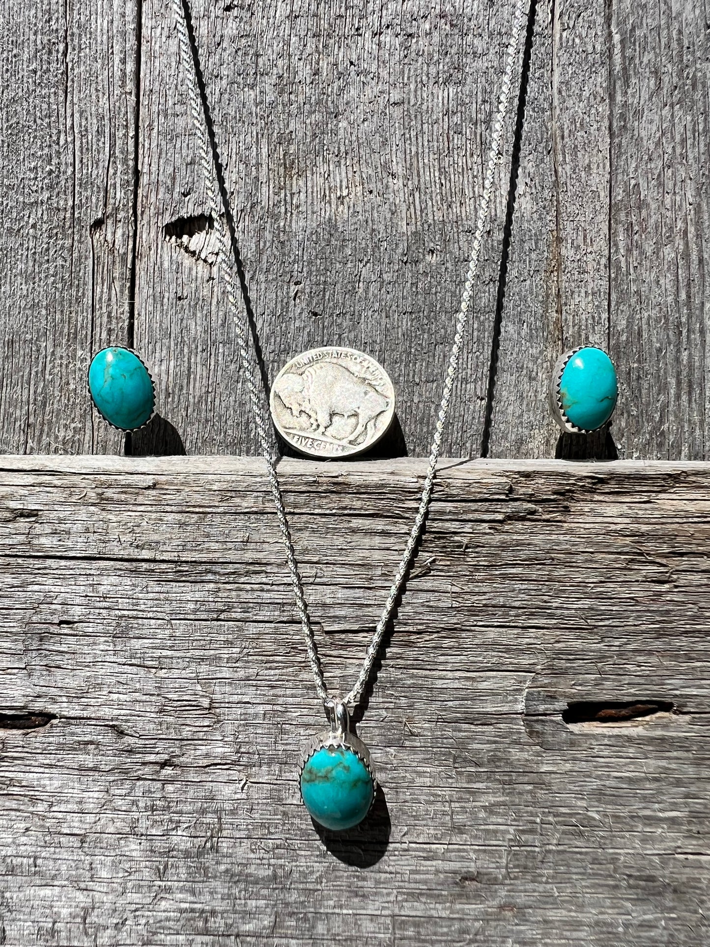 Navajo Handmade by Martha Silversmith. Sterling Silver &?Tyrone Turquoise Post Earrings, Pendant & Necklace Set