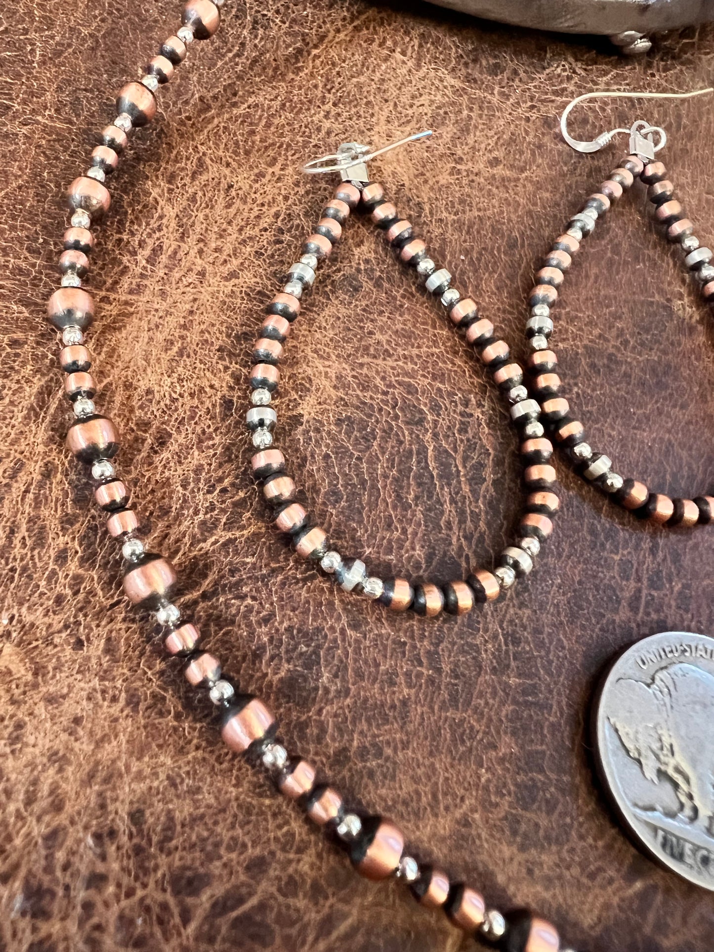 Copper & Sterling Silver 2-4mm Bead Necklace 14-16”, Bracelet 7-8” & Earrings 2.5” SET
