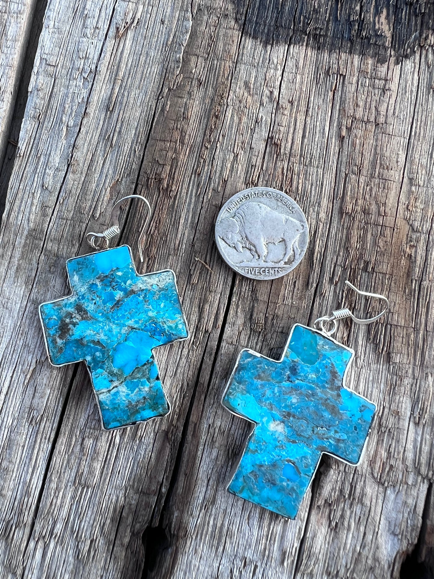 Native American Handmade Kingman Turquoise Cross and Sterling Silver Slab Earrings by Veronica Tortalita. 2” x 1“