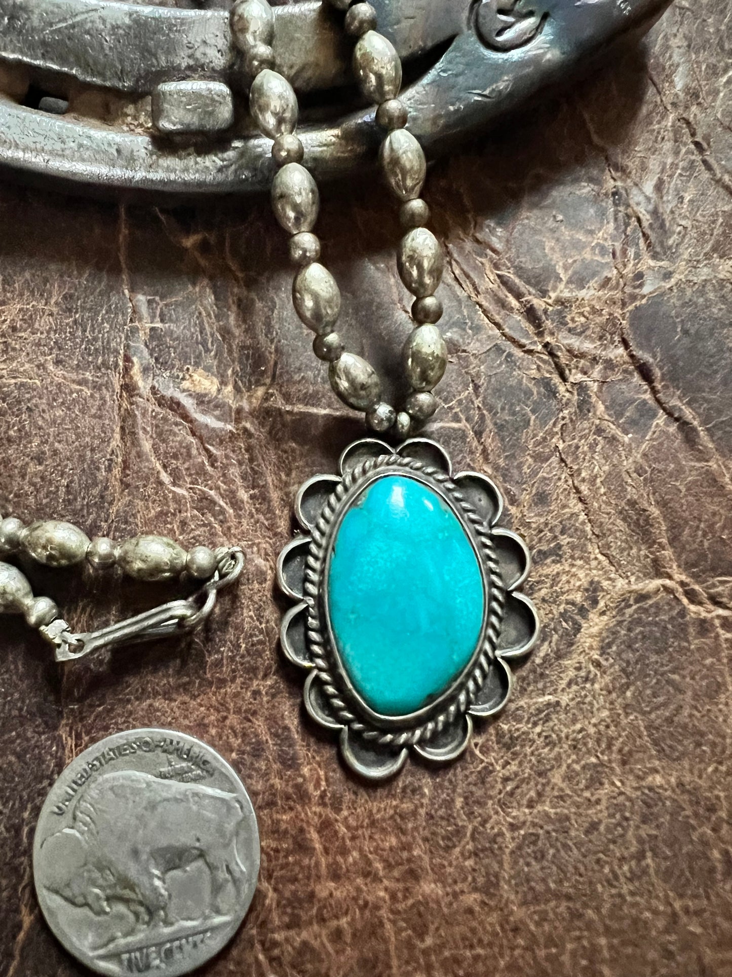 Vintage Sterling Silver Navajo Handmade 24” Bead Necklace & Turquoise Pendant 1.3”x1”