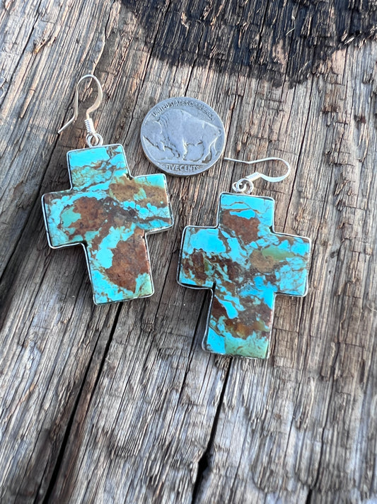 Native American Handmade Kingman Turquoise Cross and Sterling Silver Slab Earrings by Veronica Tortalita. 2” x 1“