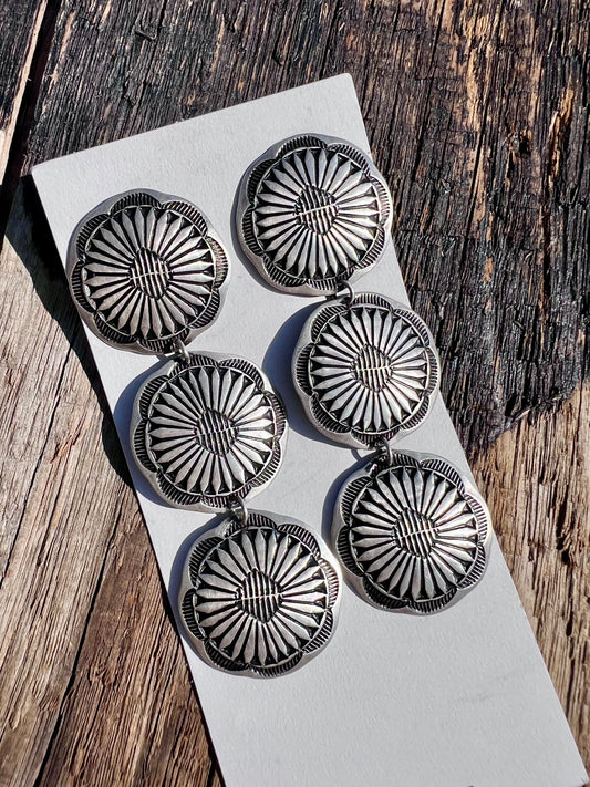 Native American Handmade by Leander Tahe Sterling Stamped 3-Concho(1 1/8”)Post Dangle Earrings 3.5”