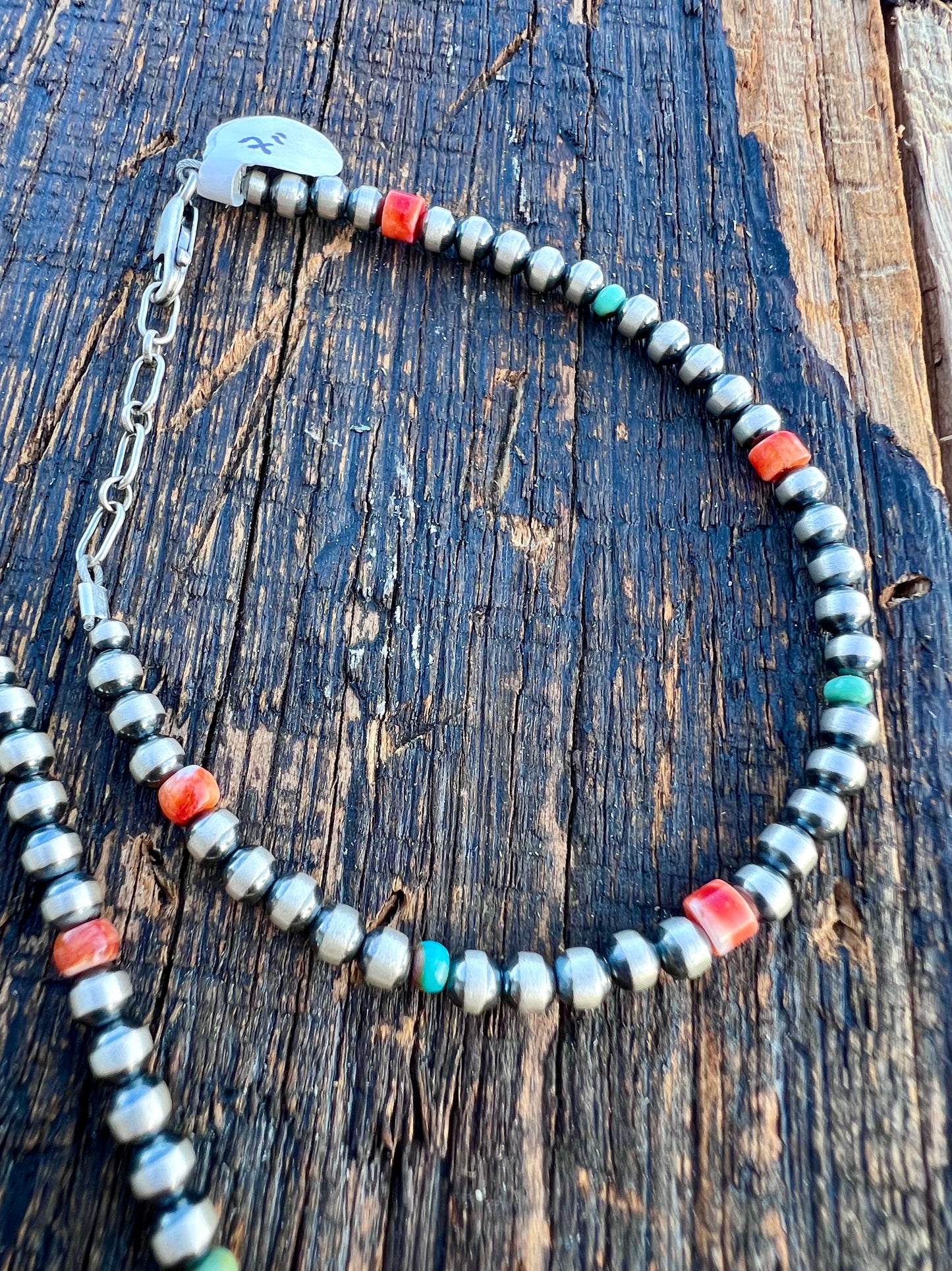 Sterling Silver, Orange Spiney & Turquoise 4mm Bead 14-16” Necklace & 7” Bracelet Set