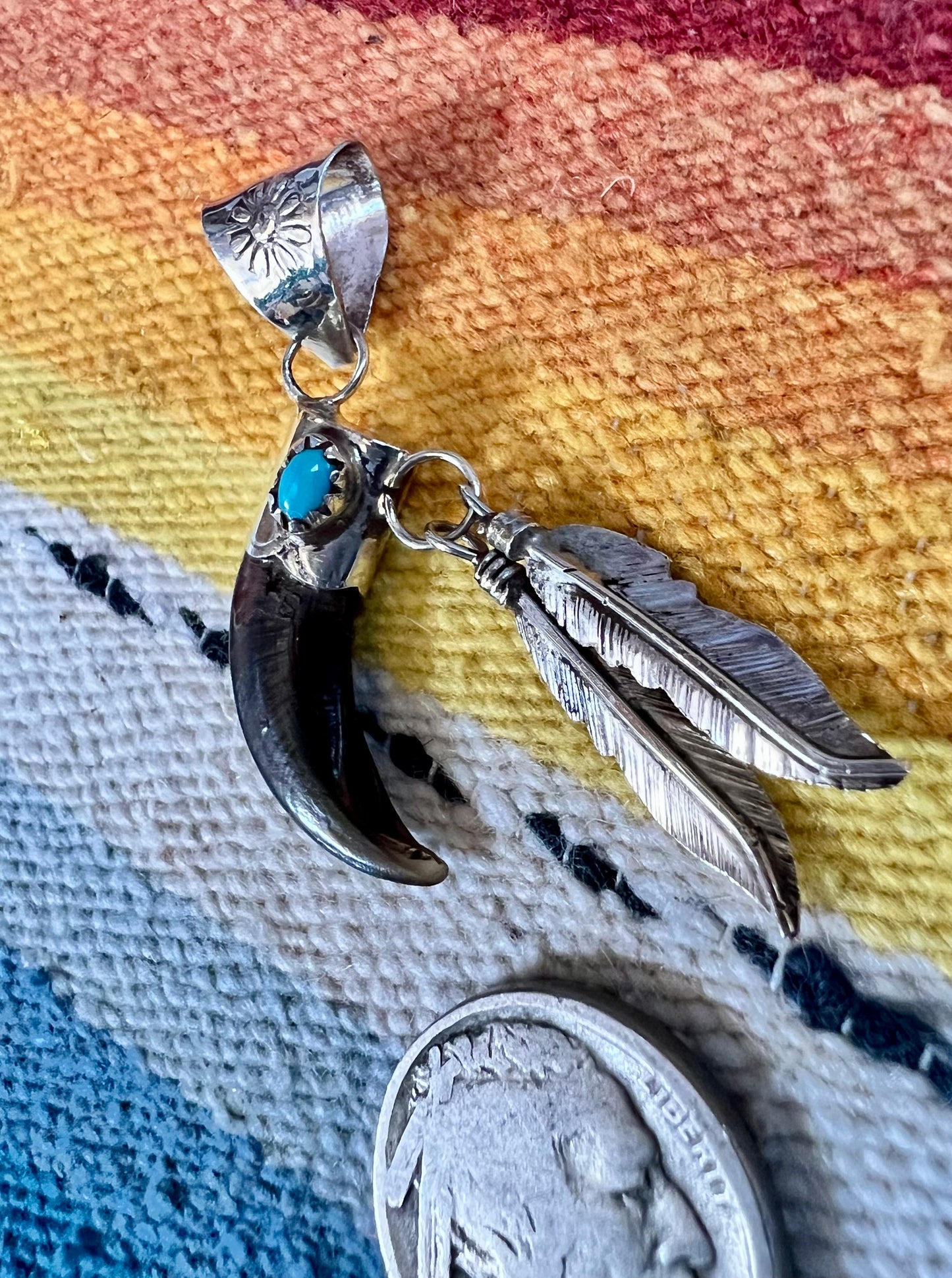 Navajo Handmade by Ernest Hawthorne Sterling Silver, Turquoise & Badger Claw w/Feathers Pendant 2”