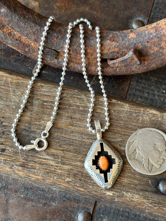 Orange Spiny & Sterling Silver Shadowbox Pendant & 16” Ball Chain Necklace