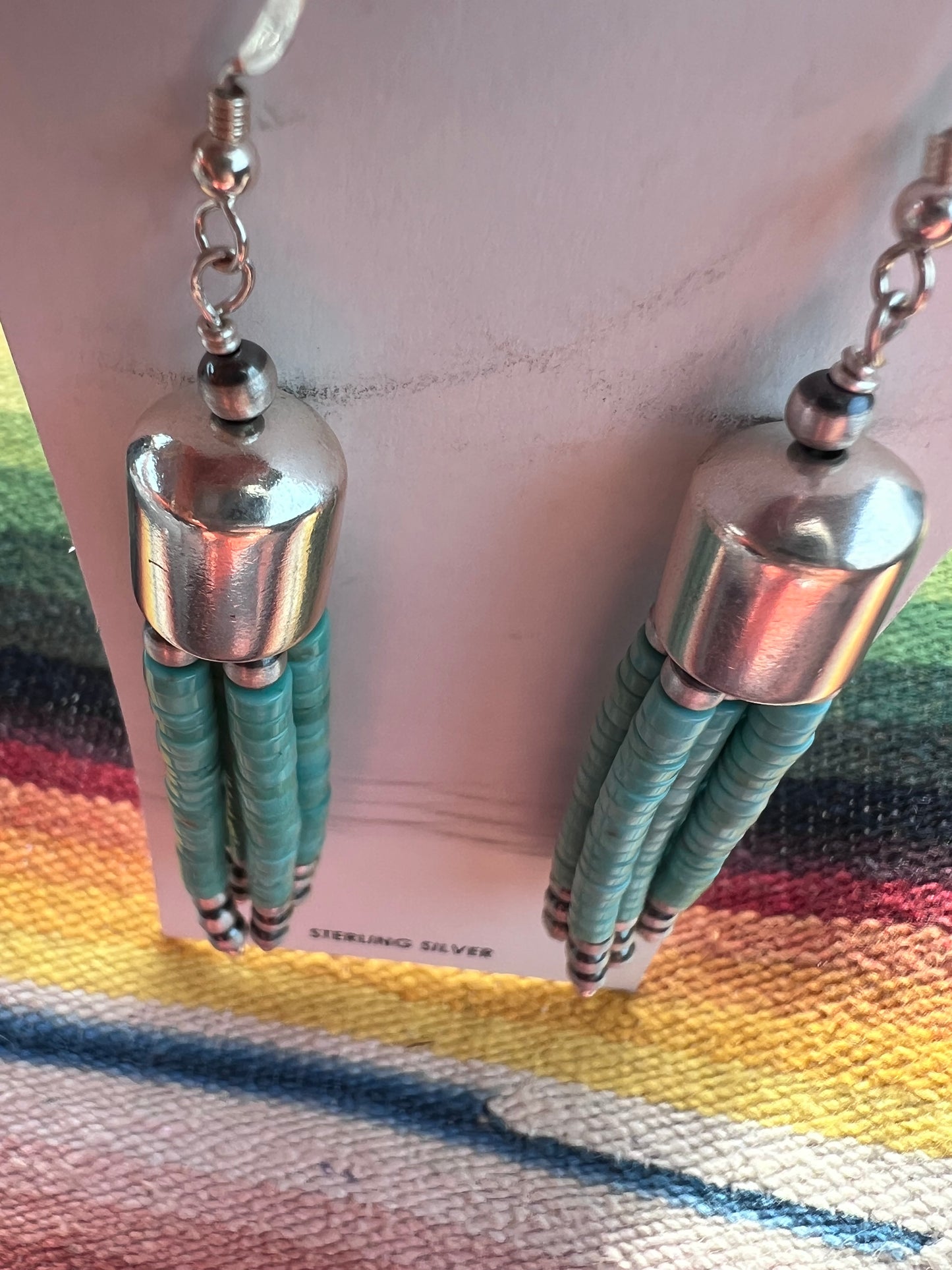 Southwest Handmade Sterling & Campitos Turquoise Tassel Dangle Earrings 3.5”