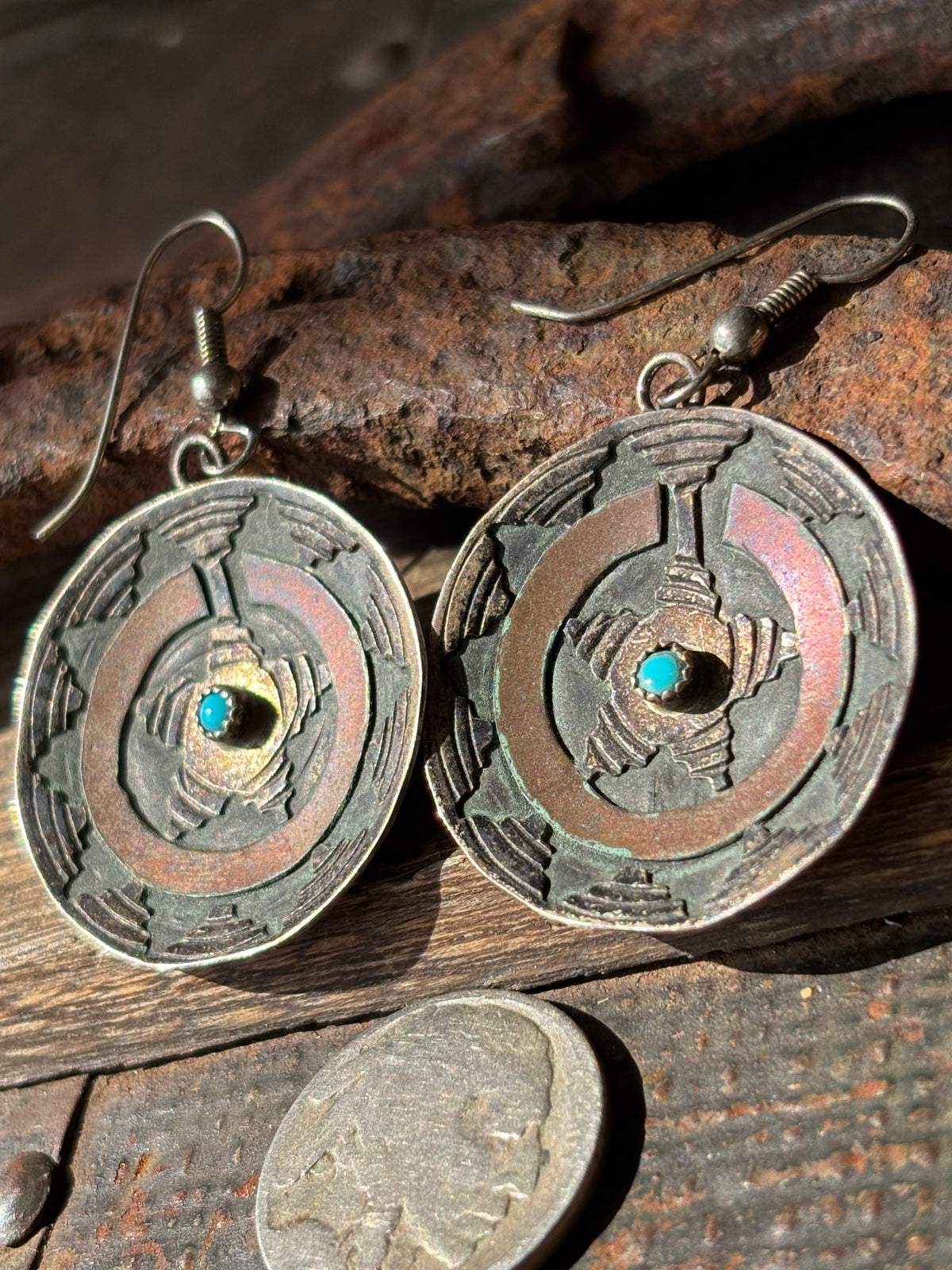 Vintage Native Handmade Sterling Silver & Turquoise Wedding Basket Dangle Earrings