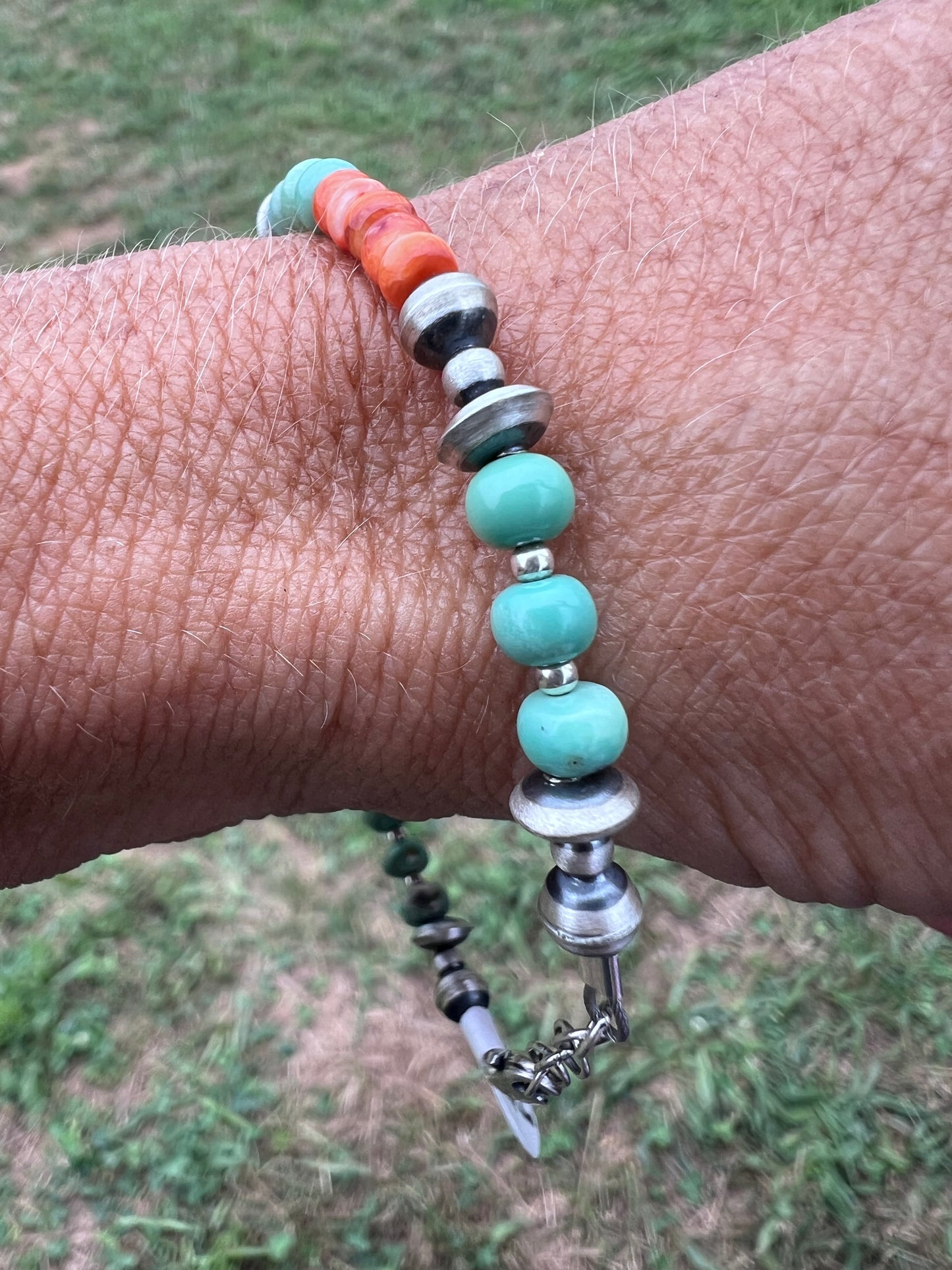 Sterling, Orange Spiny & Turquoise Beaded 3-6mm Bracelet Sz 6-7”