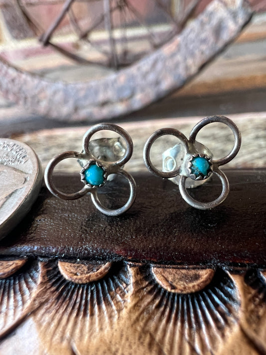 Dainty Vintage Native Handmade Sterling Flower & Turquoise 9mm Post Earrings