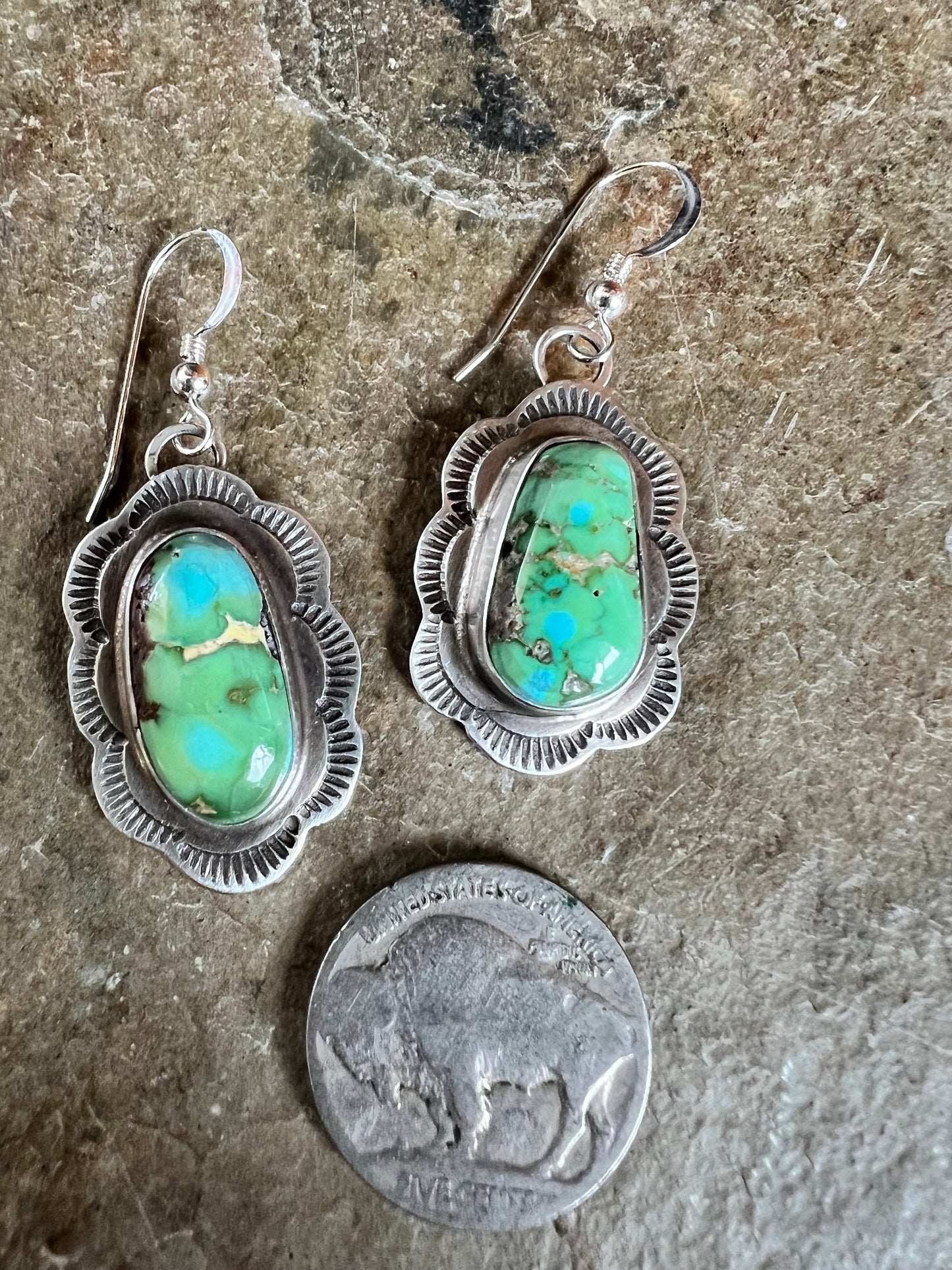 Navajo Handmade by Randall Endito, Sonoran Gold Turquoise & Sterling Silver Dangle Earrings