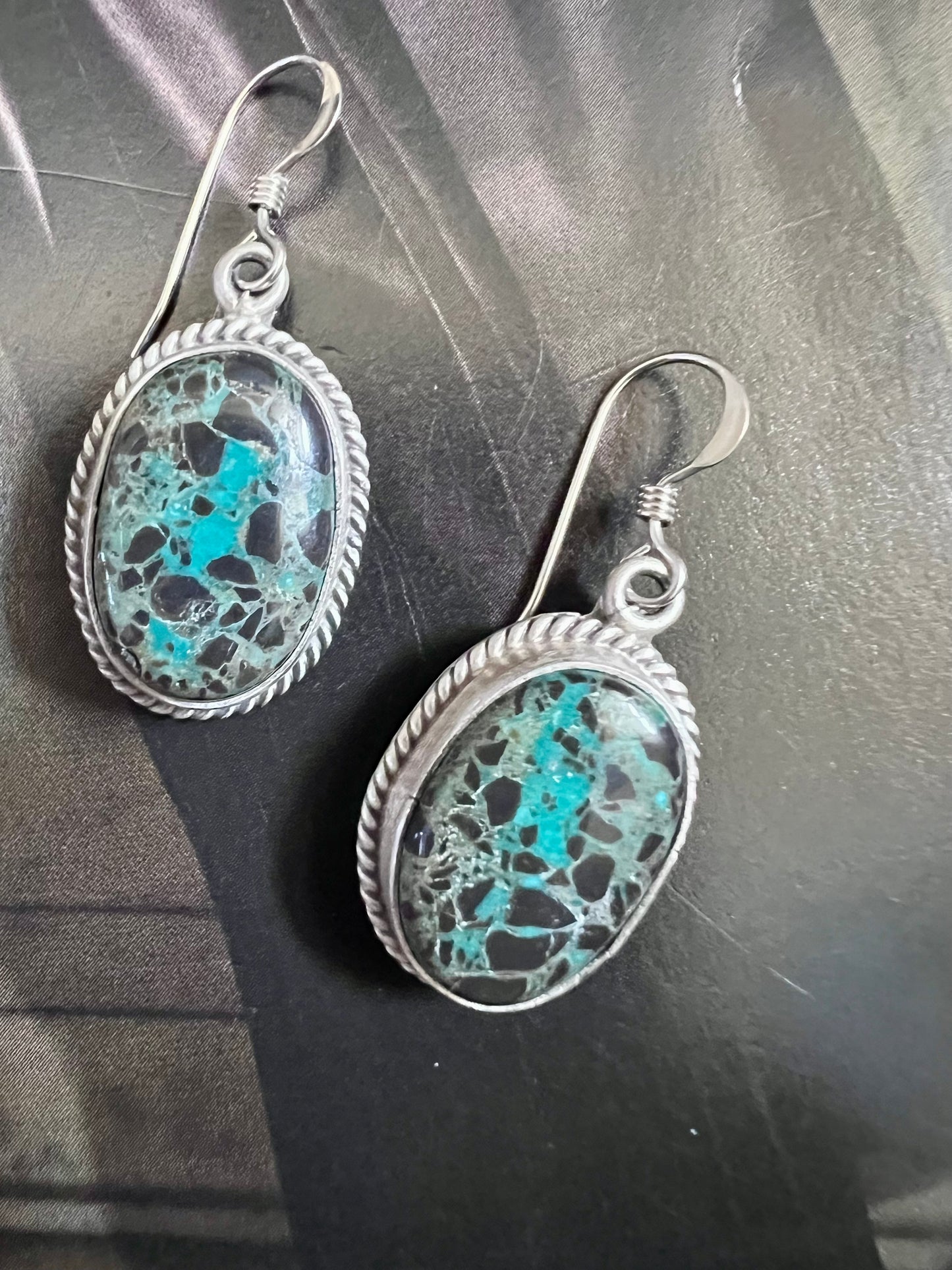 Native American Navajo Handmade Sterling & Carico Lake Turquoise Dangle Earrings 1.5”