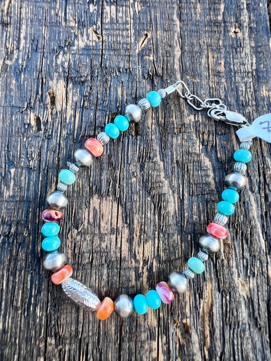 Sterling Bead, Turquoise & Spiney Bracelet 7-8”