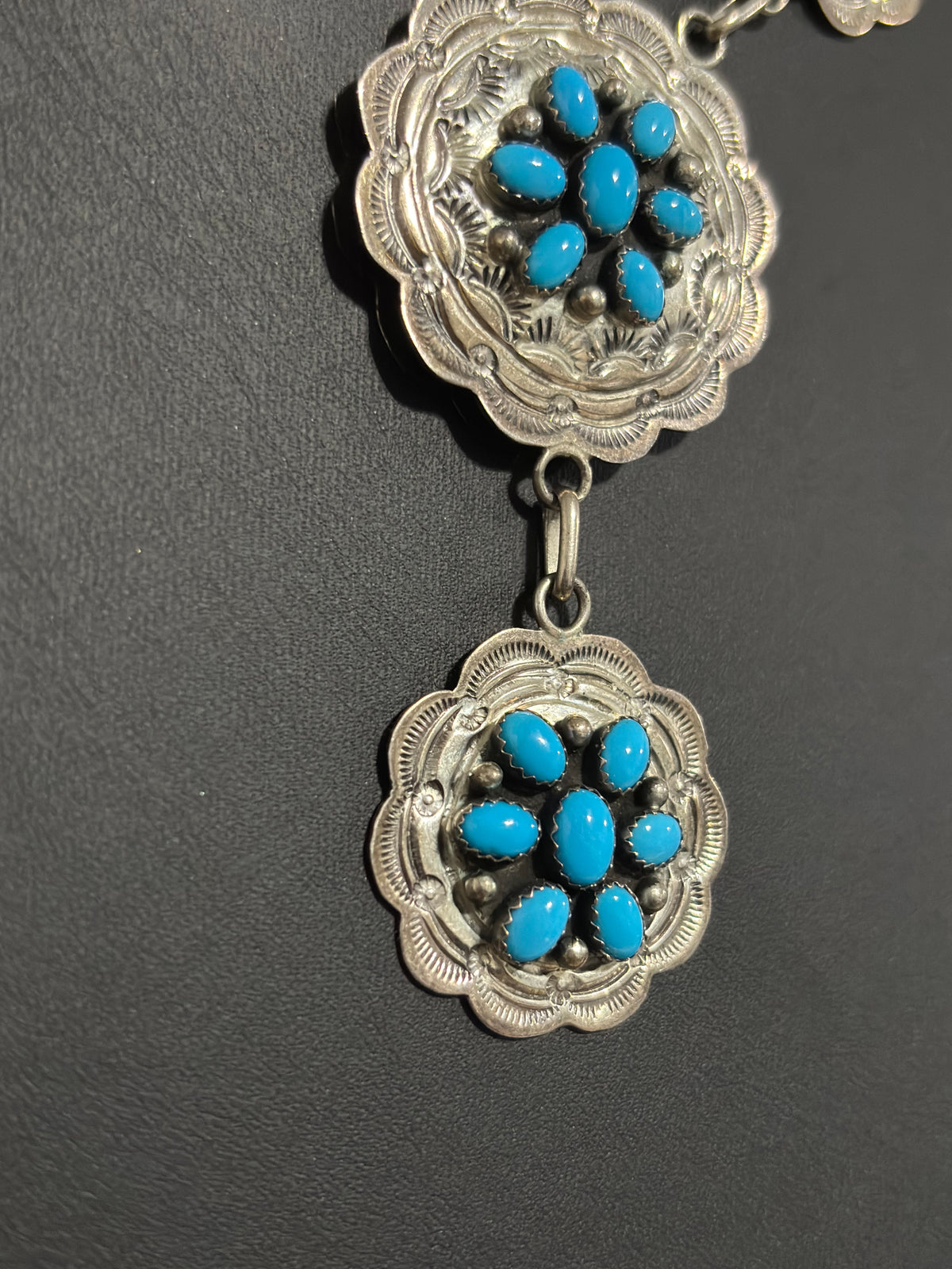 Vintage Sterling Silver & High-grade Sleeping Beauty Turquoise Cluster Concho Lariat- Handmade by Ella Peter(Navajo)🩷