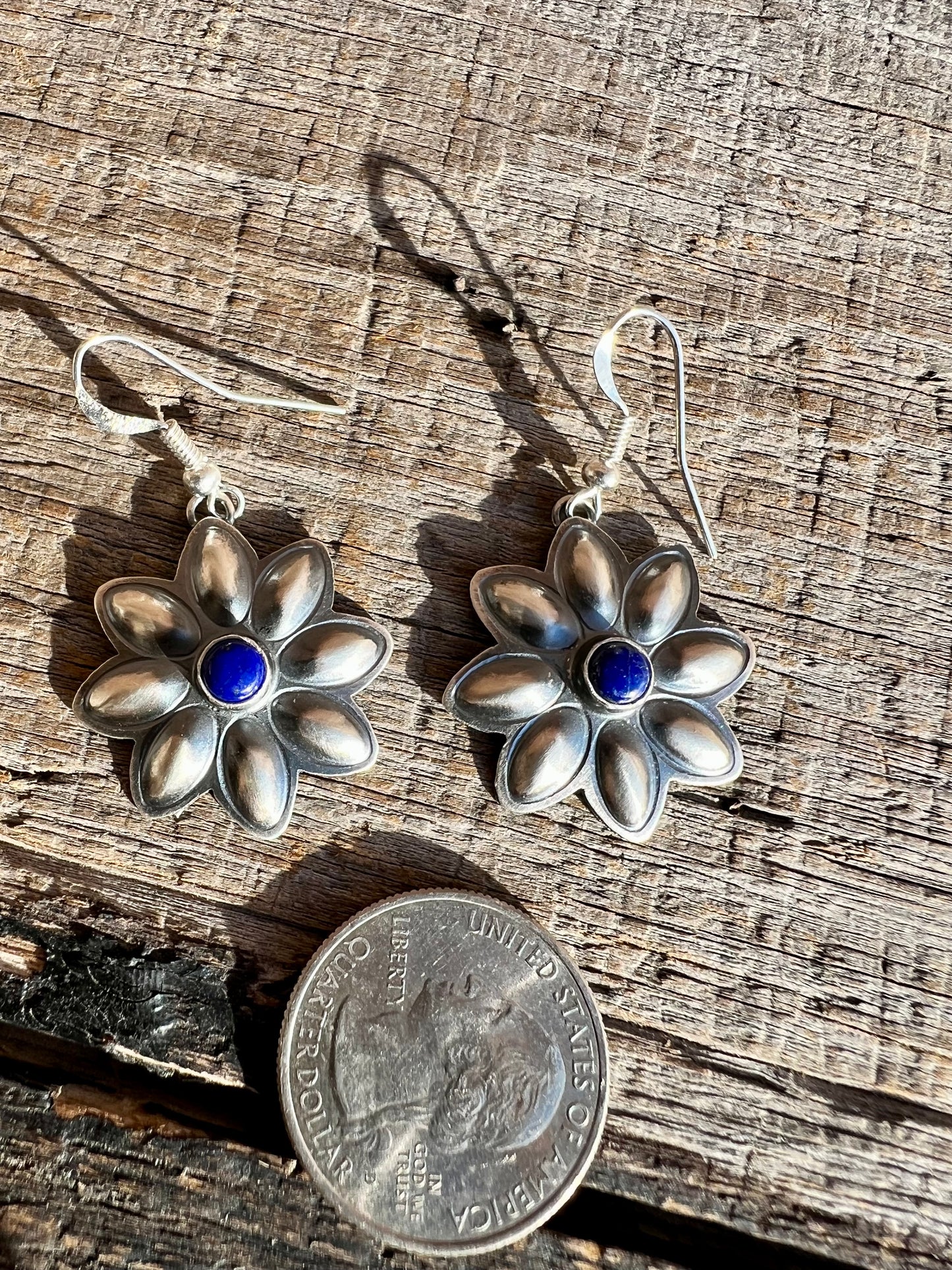 Navajo Handmade by Robert Johnson Sterling & Lapis Repousse’ Daisy Dangle Earrings