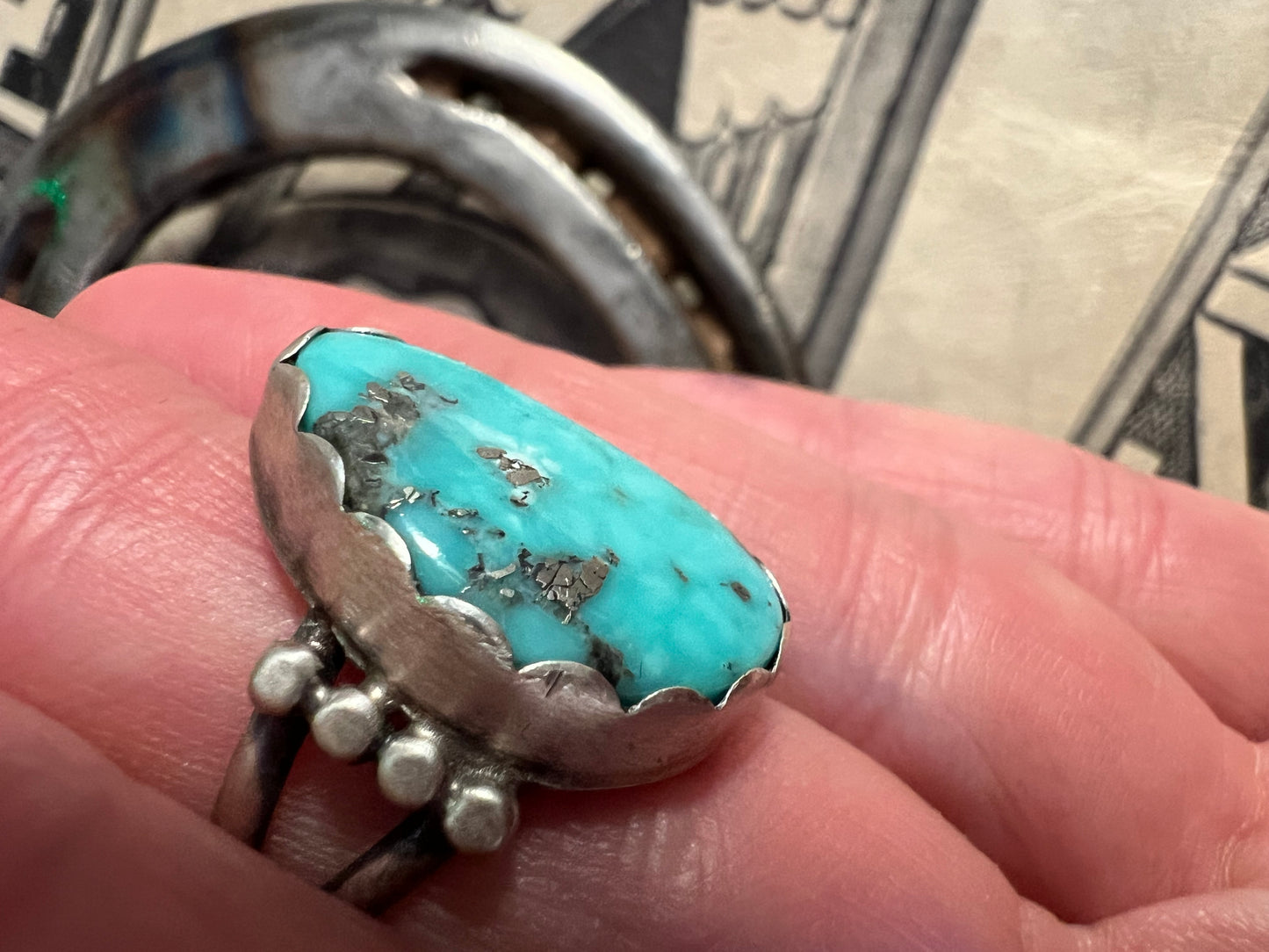 Navajo Handmade Campitos Turquoise & Sterling Ring Sz. 6