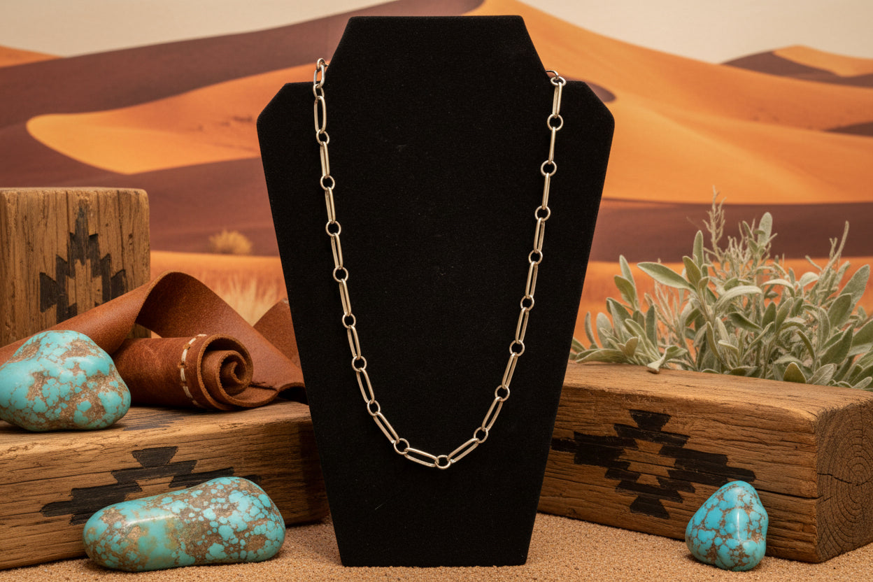 Navajo Handmade Sterling Silver High-shine Paperclip Chain Necklace 25”