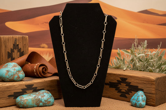 Navajo Handmade Sterling Silver High-shine Paperclip Chain Necklace 25”
