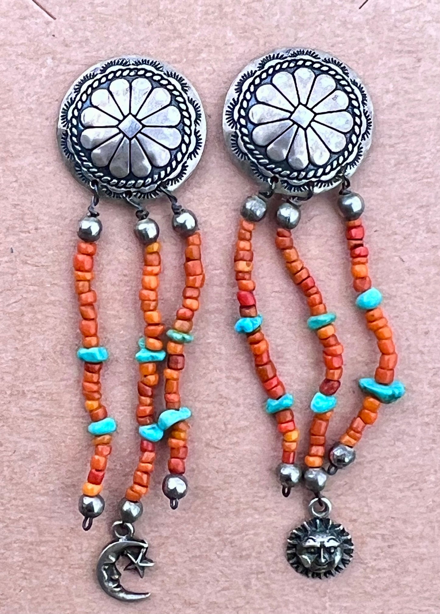 Vintage Handmade Sterling, Orange Spiny & Turquoise Concho Dangle Post Earrings 2.5”