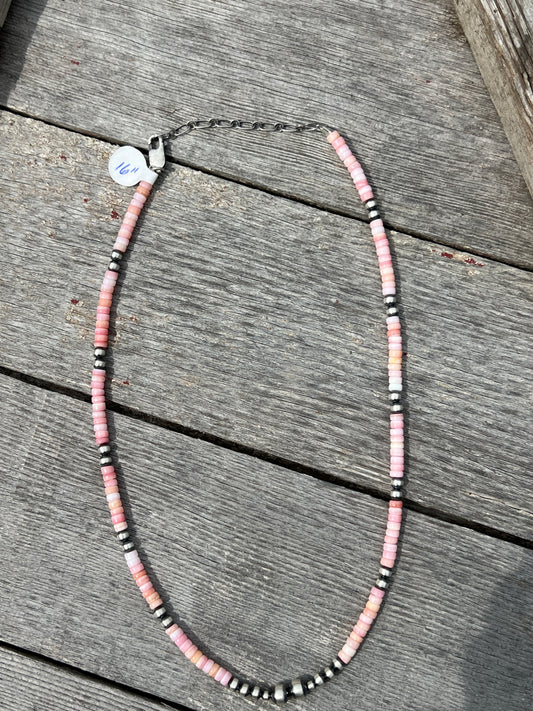 Pink Conch & Sterling Silver Bead Necklace 16-18”