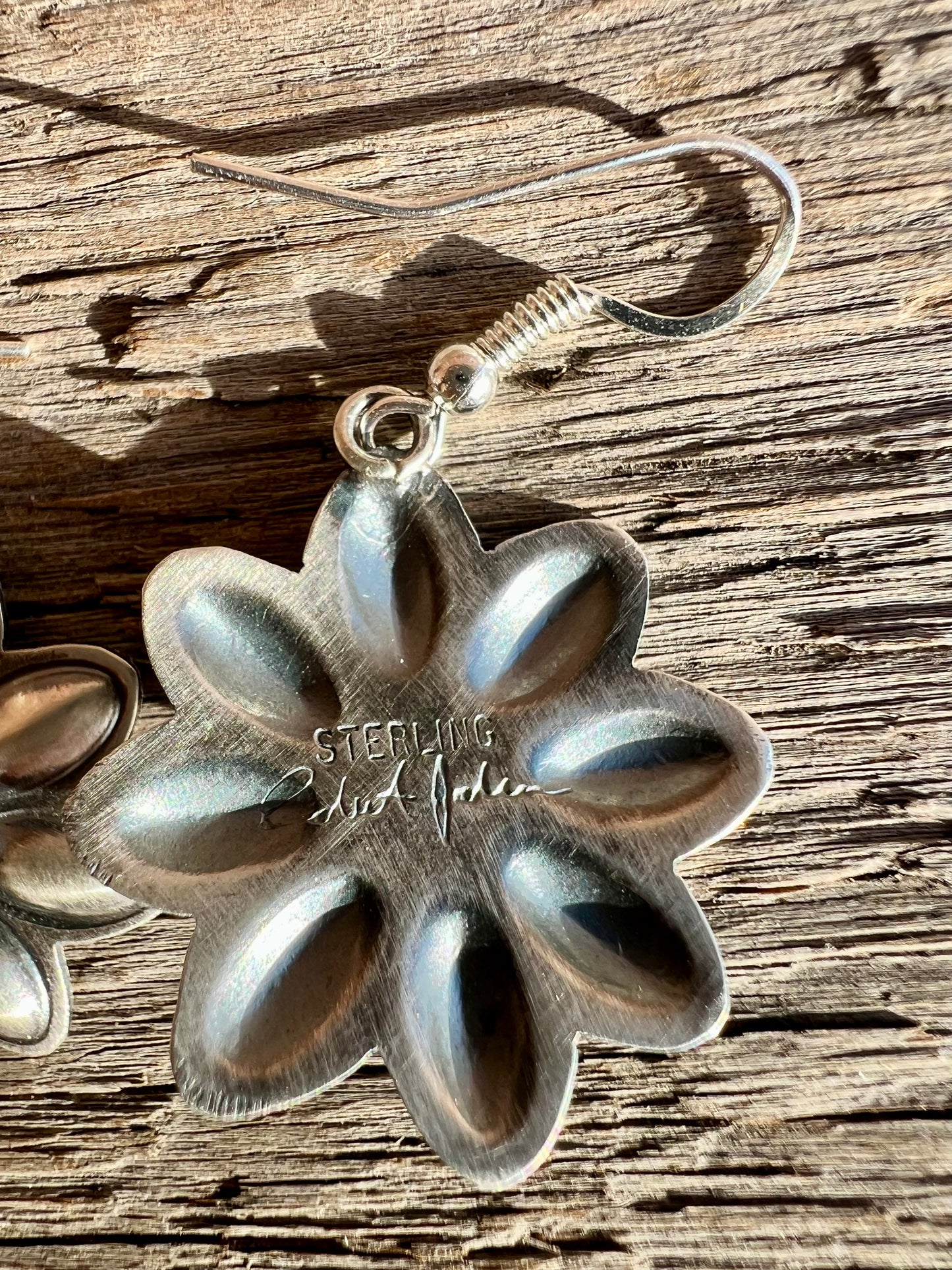 Handmade by Robert Johnson Sterling & Sleeping Beauty Turquoise Repousse’ Daisy Dangle Earrings