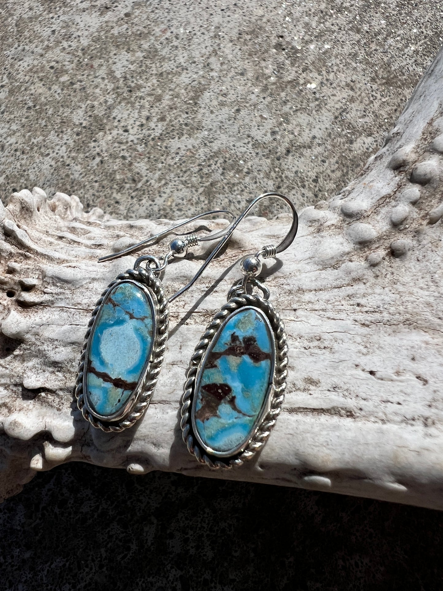 GoldenHills Turquoise & Sterling Silver Dangle Earrings- Navajo Handmade by L. Silversmith
