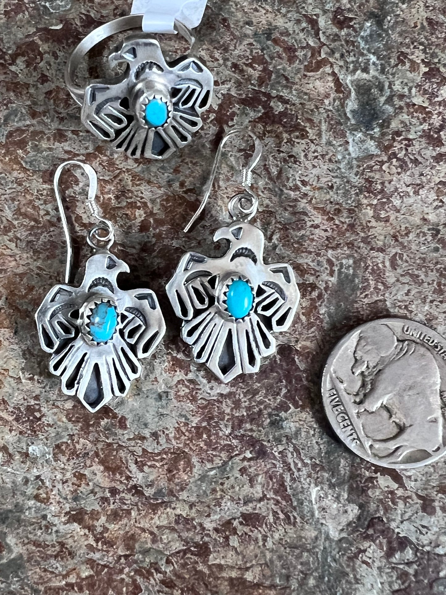 Navajo Handmade by Robert Martinez-  Sterling & Turquoise Thunderbird Dangle Earrings 1 6/8” & Ring Set Sz 8