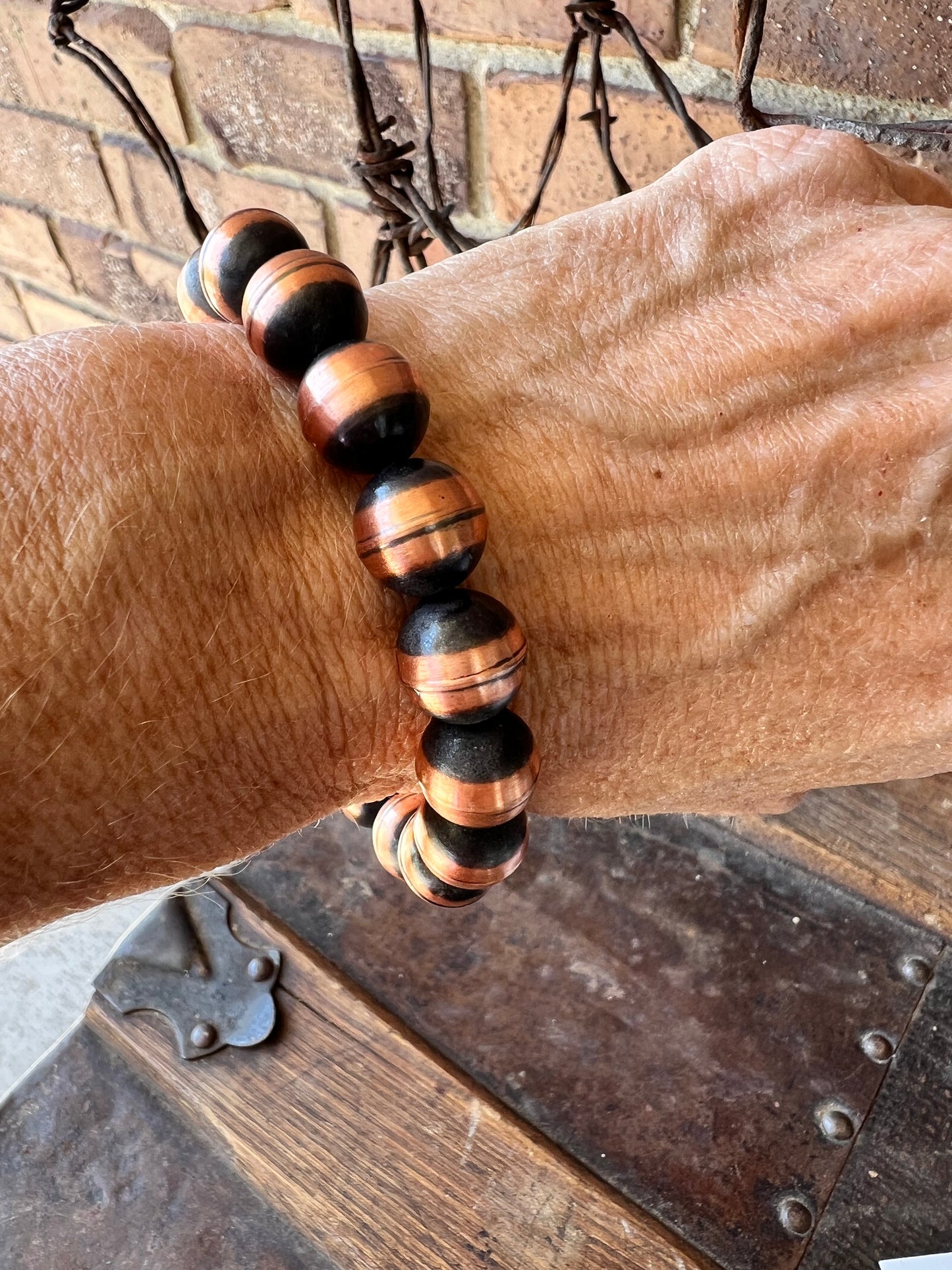 Copper 12mm Bead Stretch Bracelet Sz 6-7”