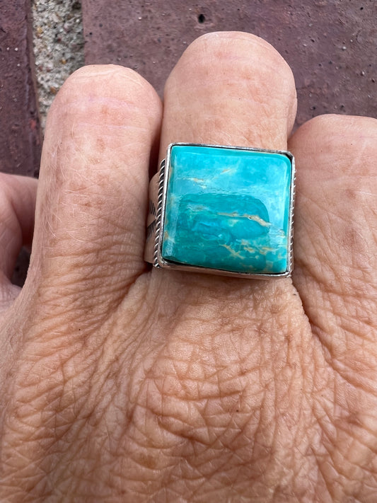 Native American Handmade By Ray Bennett. Sterling & Turquoise Square-stone Ring Sz 8