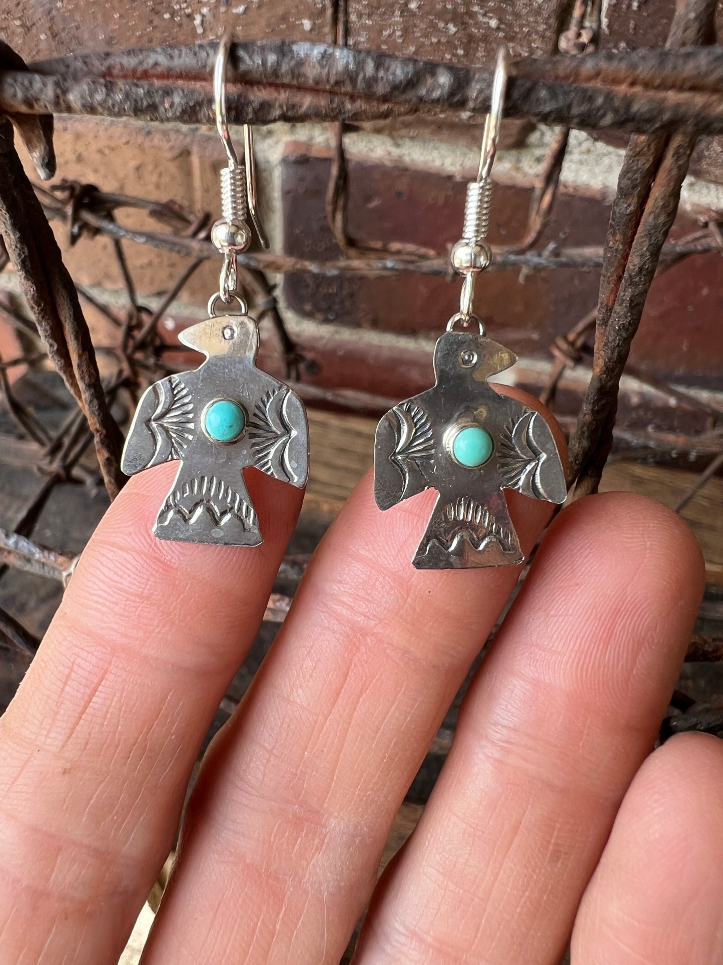 Dainty Handmade by Lucille Platero (Navajo) Turquoise & Sterling Silver Thunderbird Earrings 1.5” Length