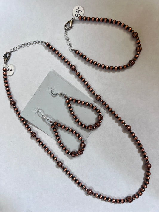Southwest Copper Beaded  Earrings, Bracelet & Necklace Set