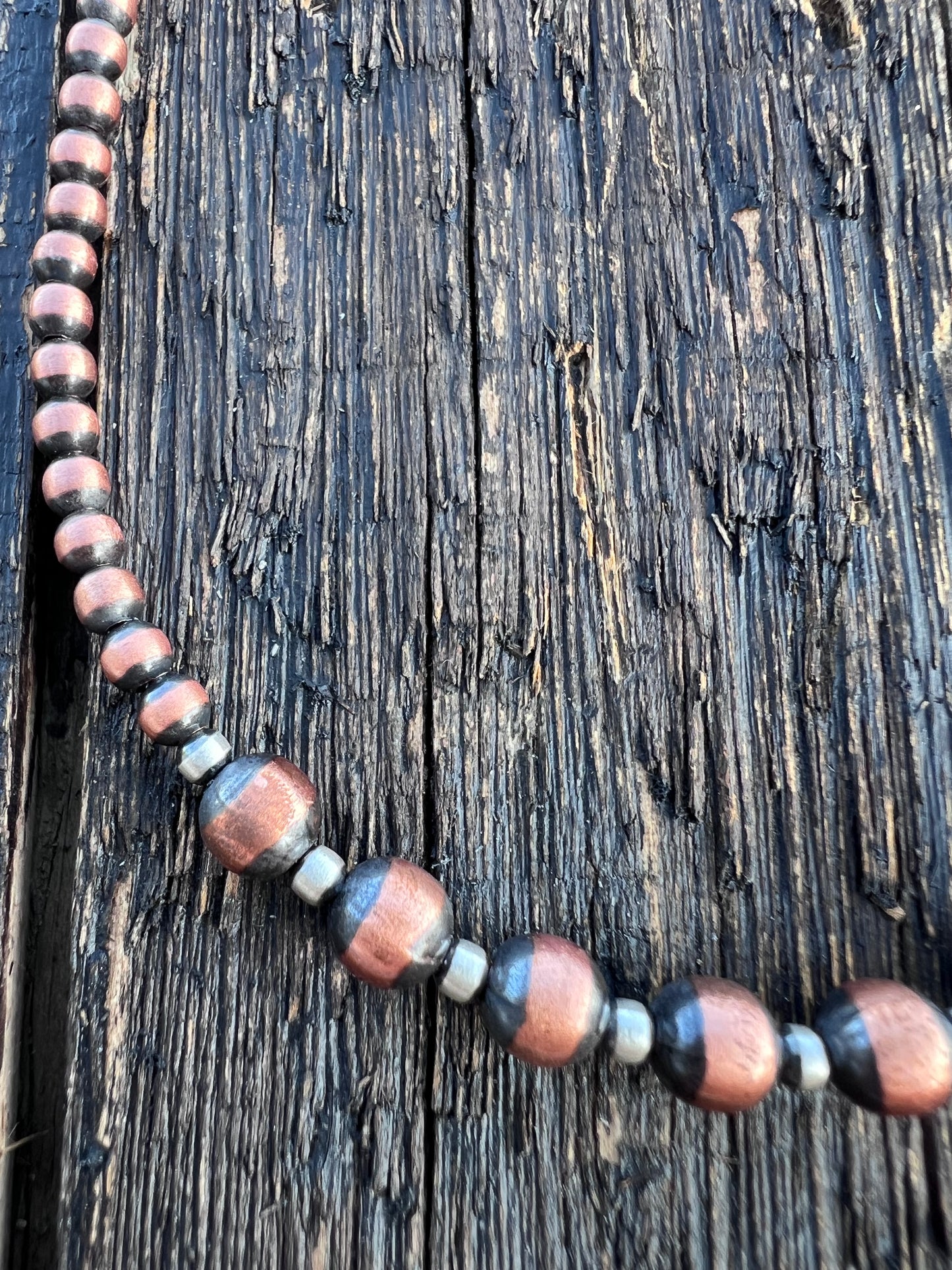 Copper Oxidized 4/6mm & Sterling 3mm Beads Necklace 18-20”