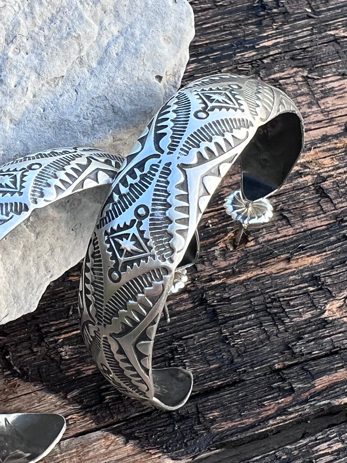 Native American Handmade by Vincent Platero- Large Sterling Stamped Hoop Post Earrings 2”