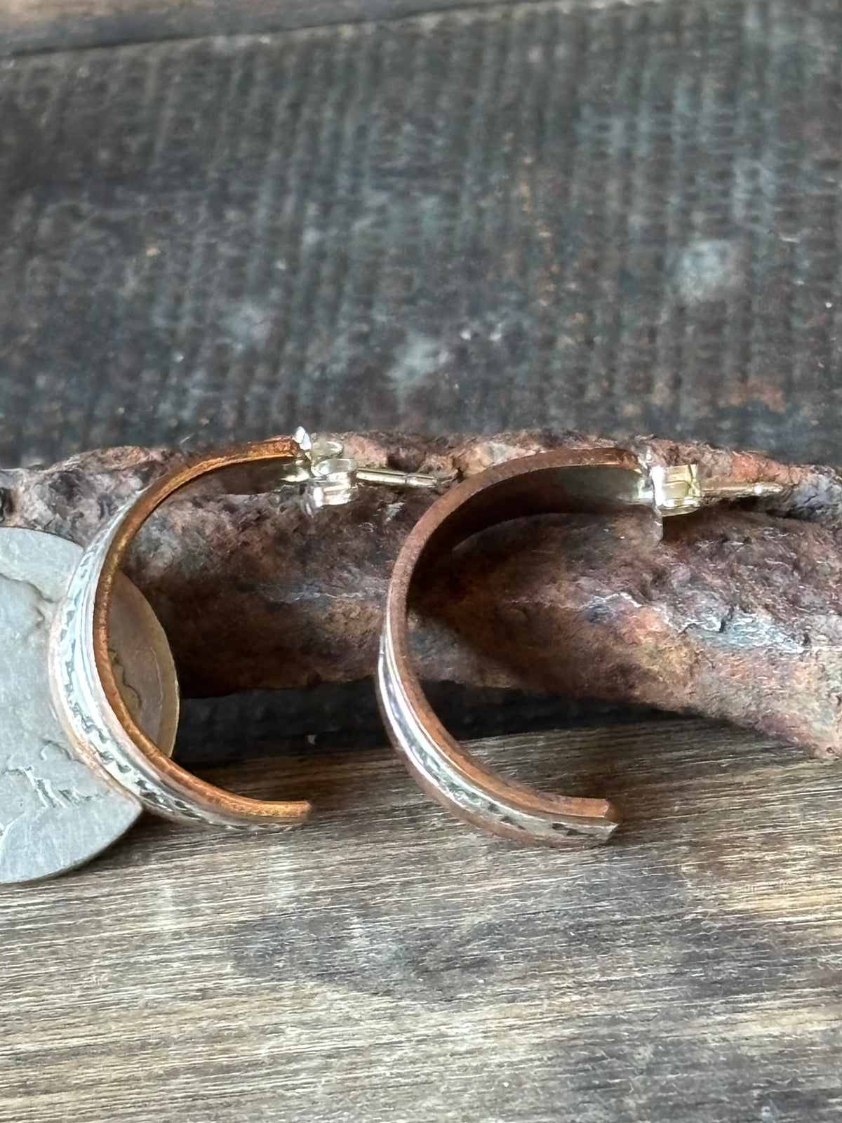 Native Handmade by Landon Secatero- Copper & Sterling Stamped Post Half-Hoop Earrings 1”