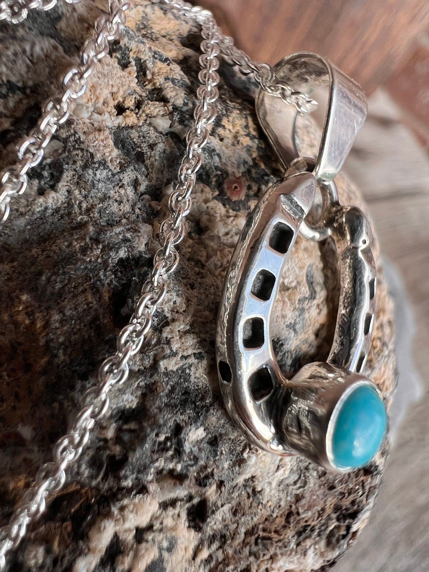 Handmade Turquoise Horse Shoe Pendant on a Sterling Rolo Chain Necklace 18”