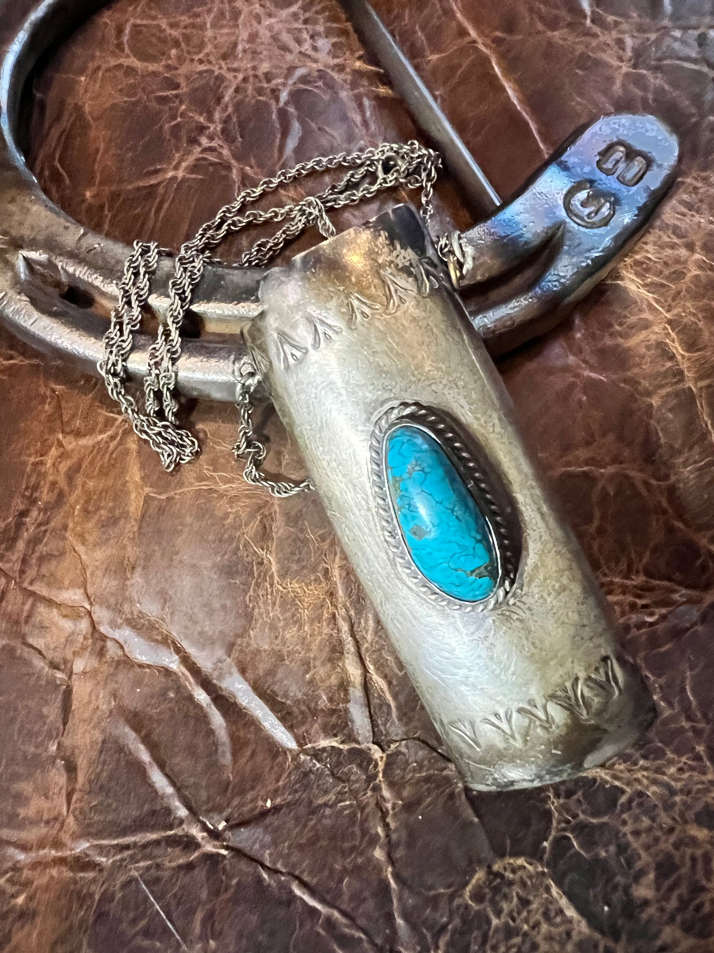 Vintage Navajo Handmade Sterling Silver & Turquoise Bic Lighter Case Chain Necklace 24”