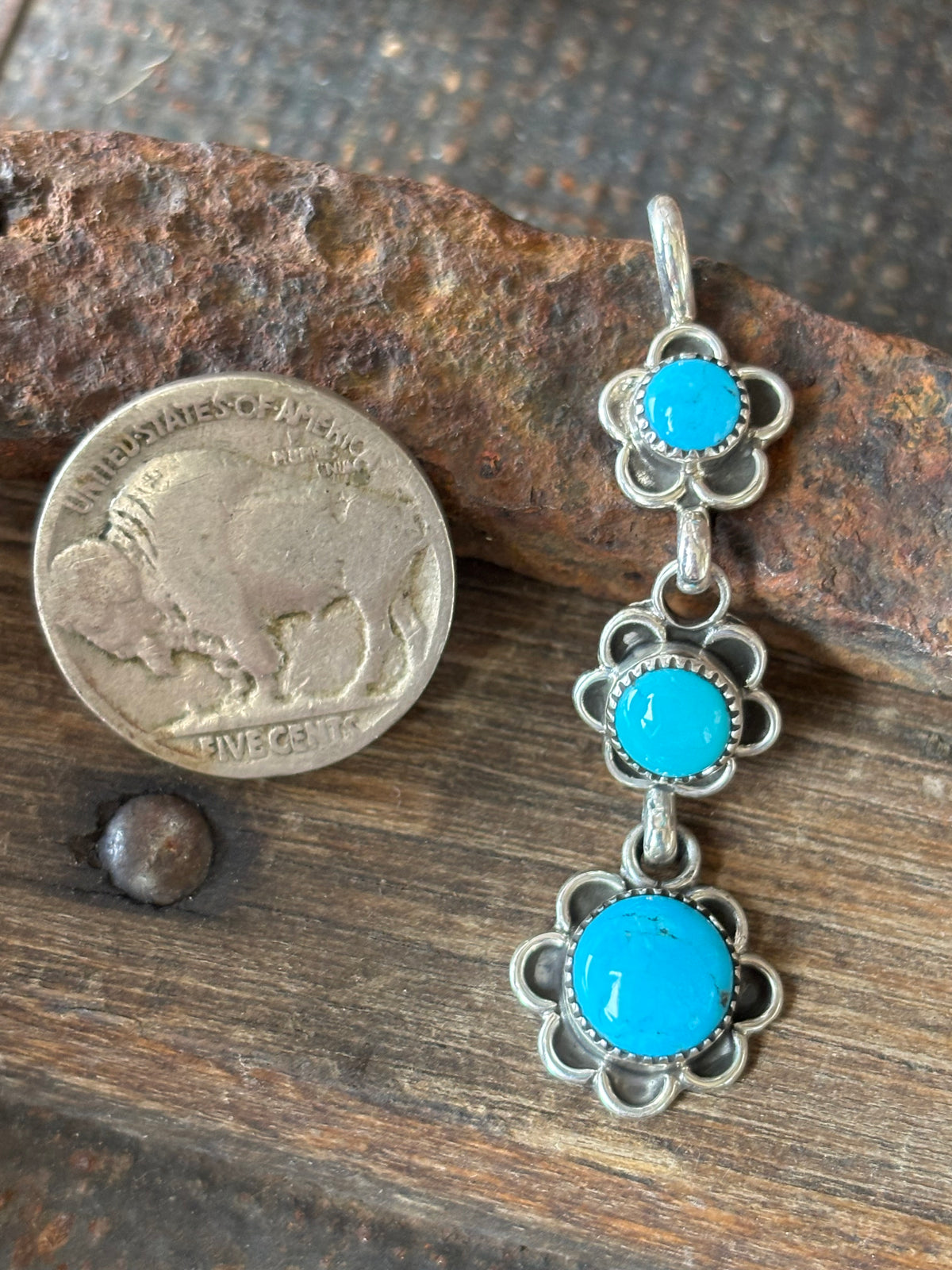 Dainty Native Handmade Sterling Silver Flower & Sleeping Beauty Turquoise Pendant 1.9”