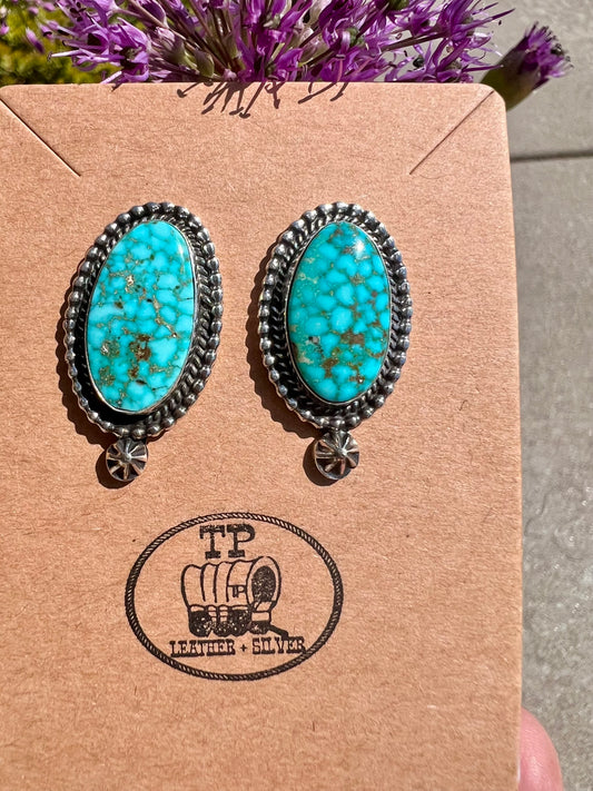 Navajo Handmade by Darrell Wylie- Waterweb Kingman Turquoise & Sterling Silver Post Earrings 1” x 3/4”