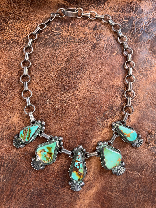 Vintage Handmade Royston 5-stone Turquoise Paperclip Chain Necklace by Navajo Silversmith, Stanley Parker. 17.5” Length