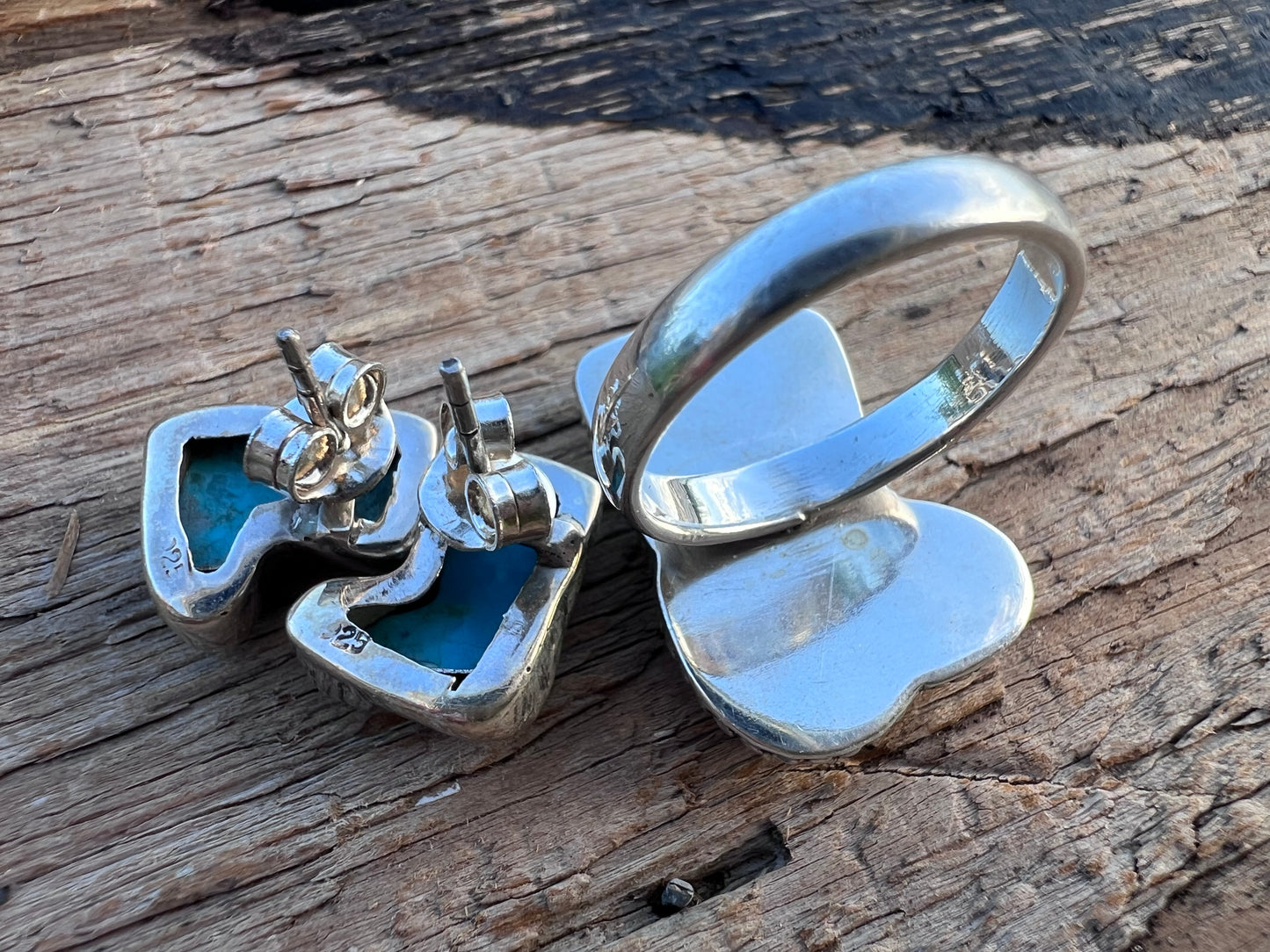 Southwest Sterling & Turquoise Cowboy Boot Post Earrings 1/2” & Ring 1” Sz 7 SET