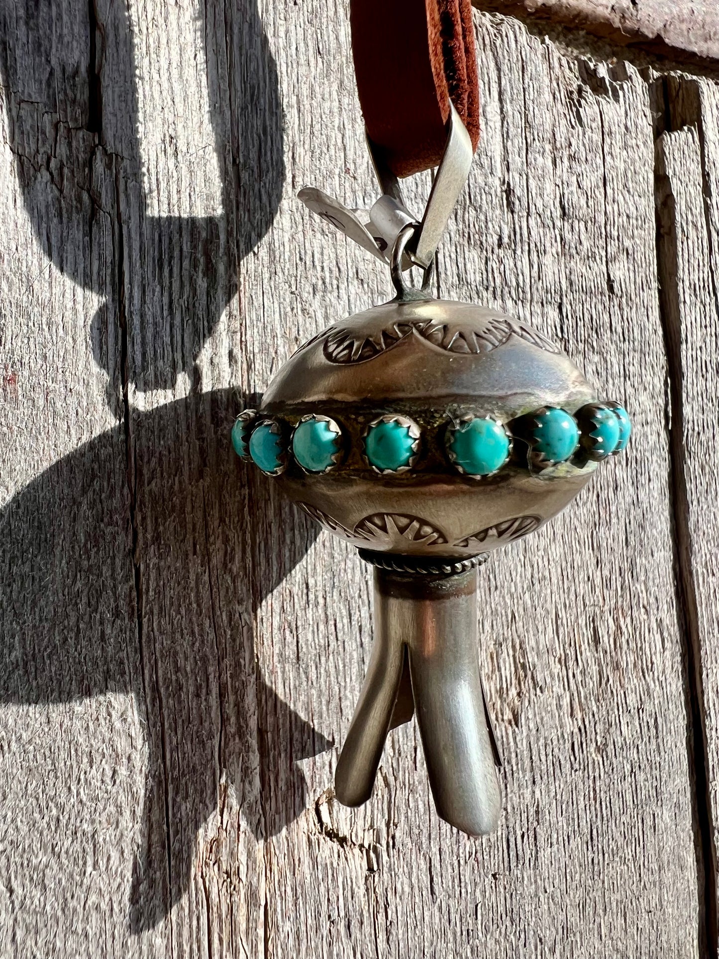 Navajo Handmade by the talented Monica Smith, Sterling Silver & Turquoise Stamped Blossom Pendant 2.4”
