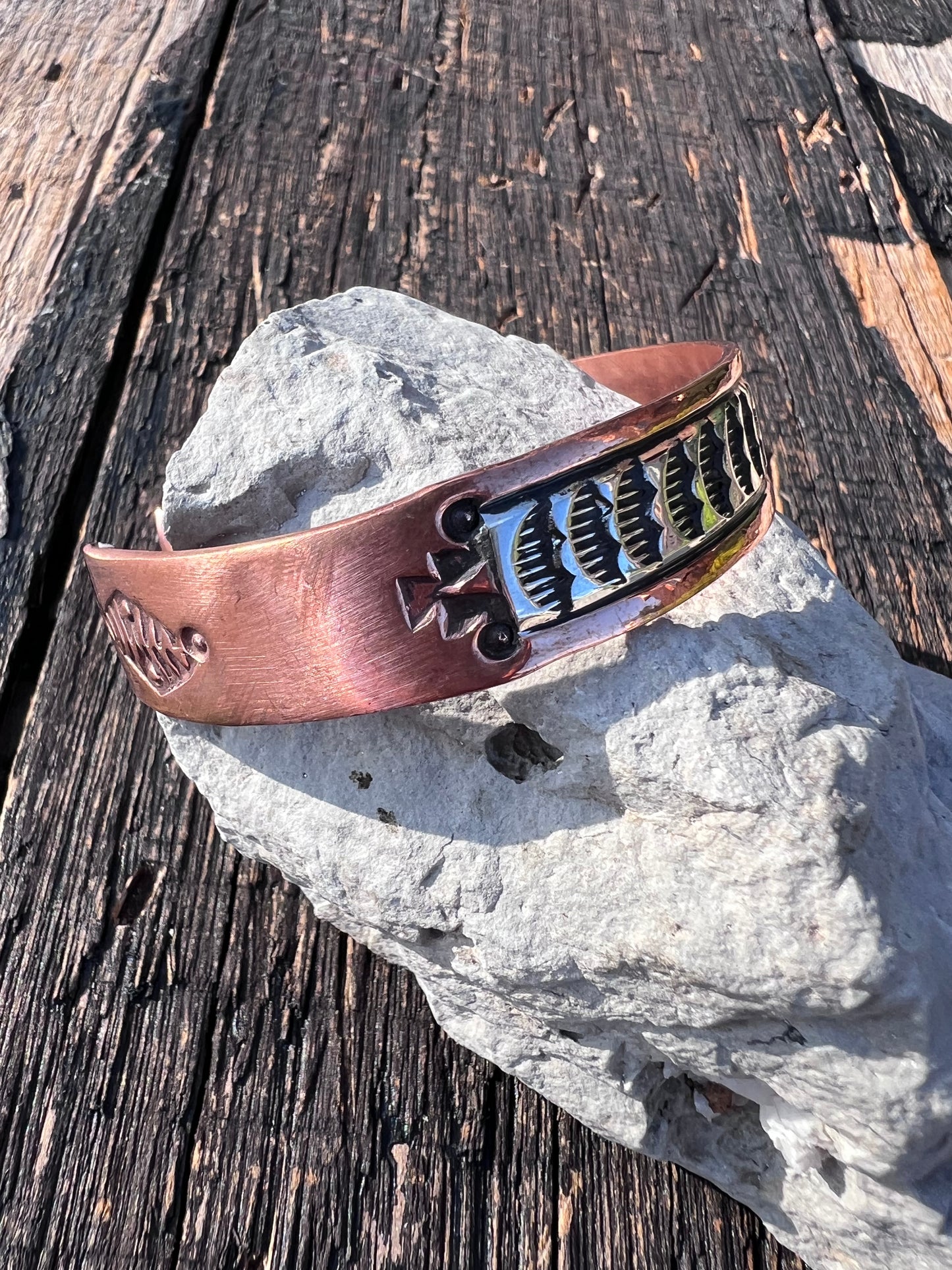 Navajo Handmade by L.C. Littl- Copper & Sterling Stamped Copper Cuff Bracelet Sz 7.25” 1/2 wide